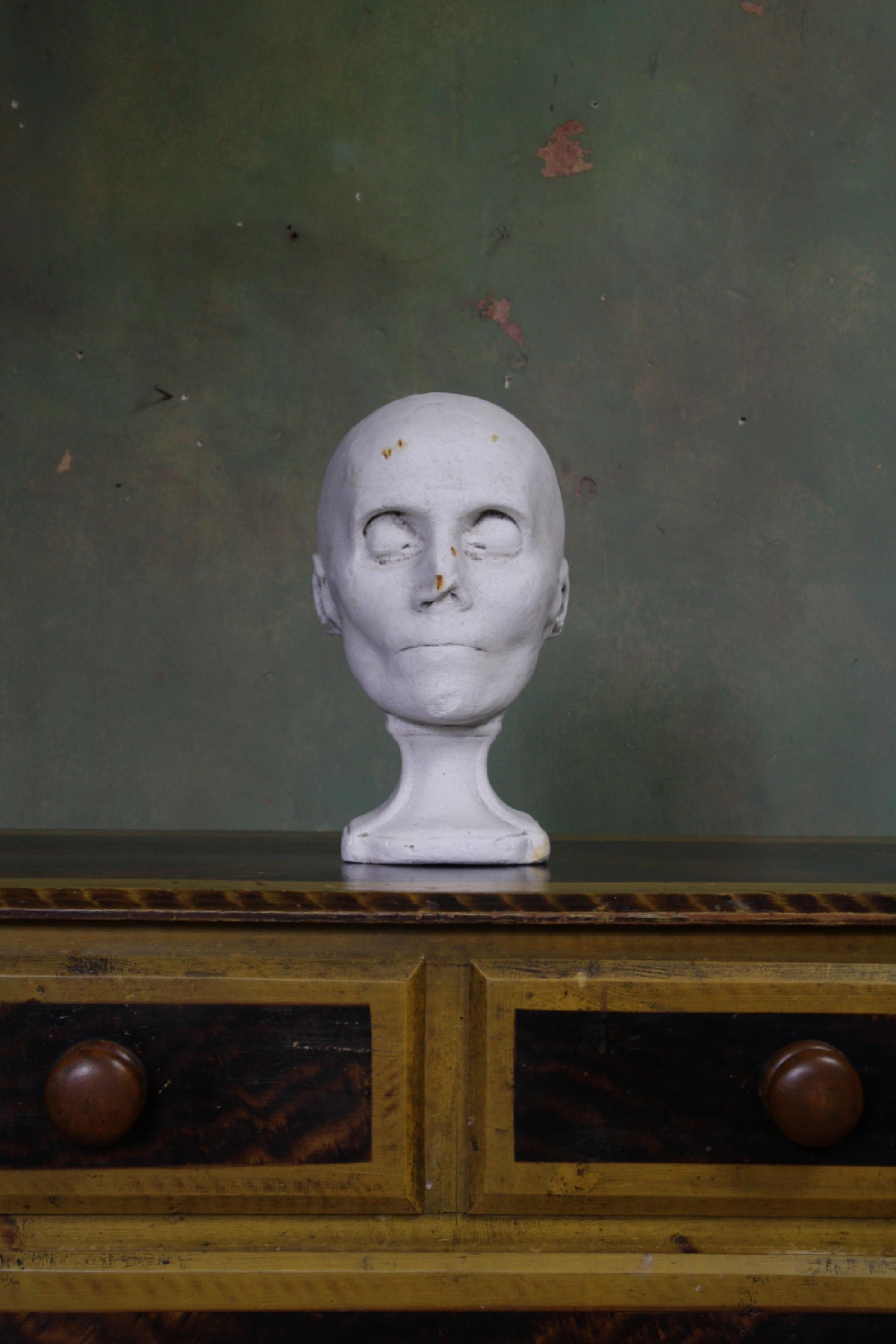 19th Century Plaster Mortuary Death Mask Bust Sculpture on Socle Base Memento Mori