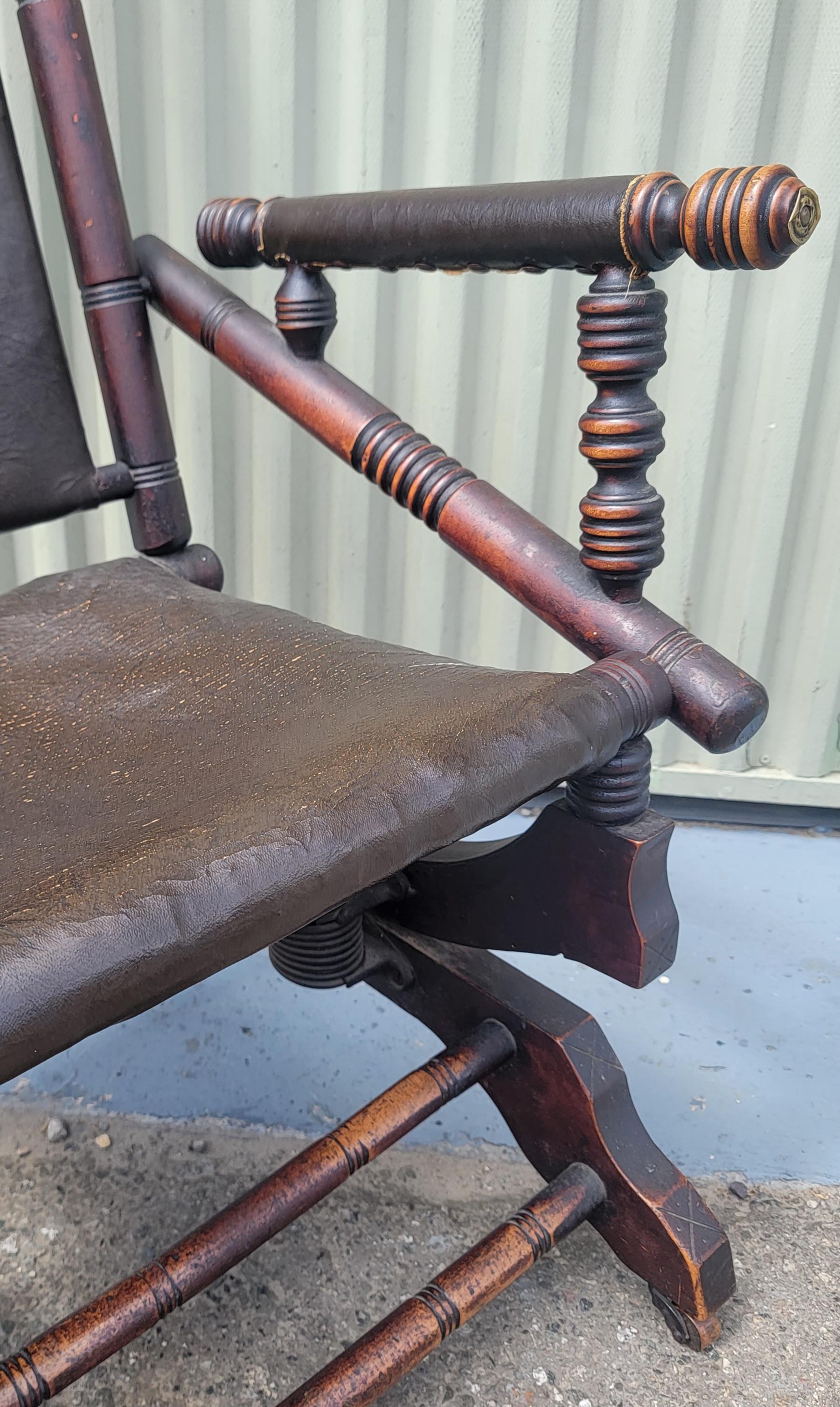 19th Century 19Thc Platform Rocking Chair in Leather / Oil Cloth For Sale