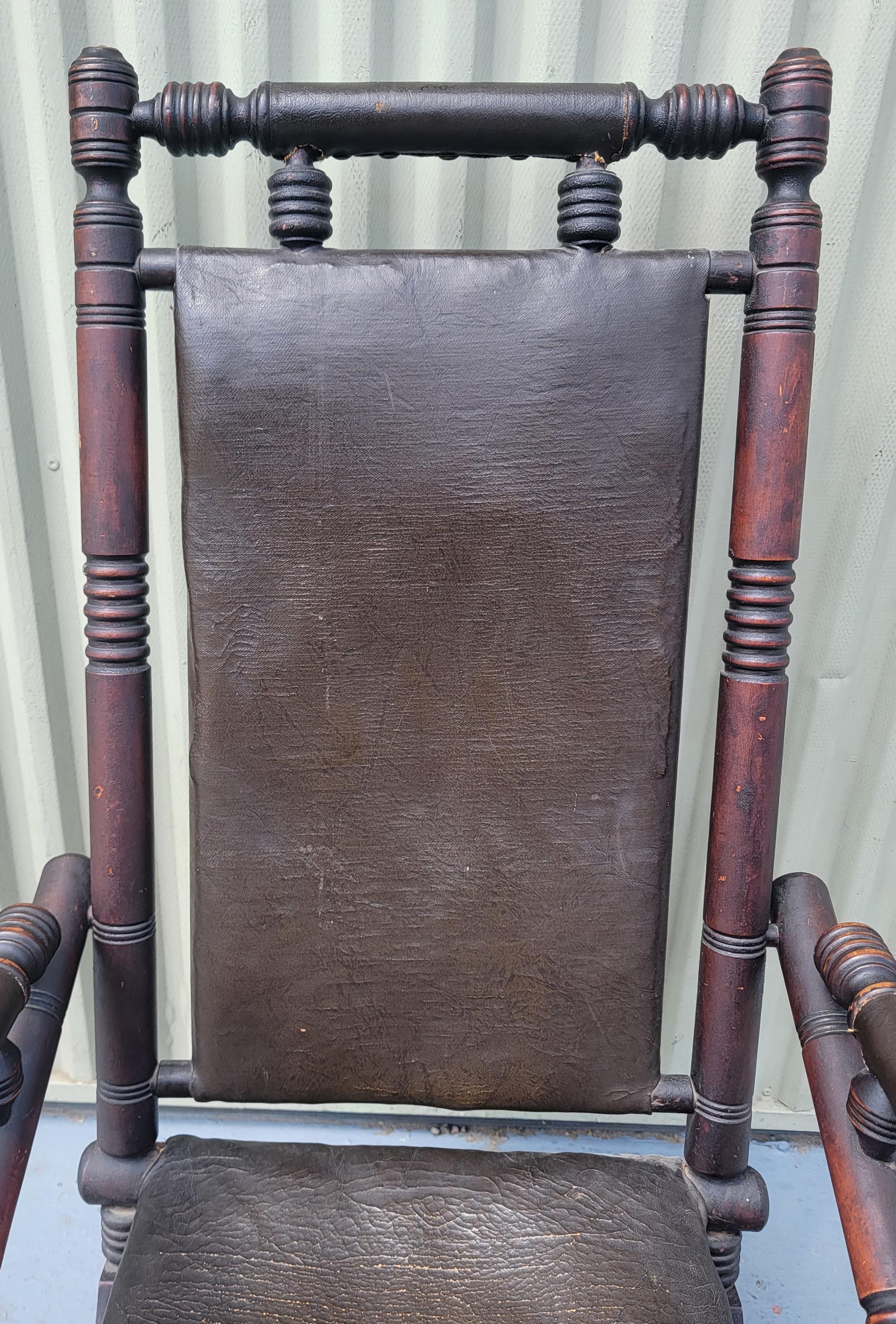 American 19Thc Platform Rocking Chair in Leather / Oil Cloth For Sale