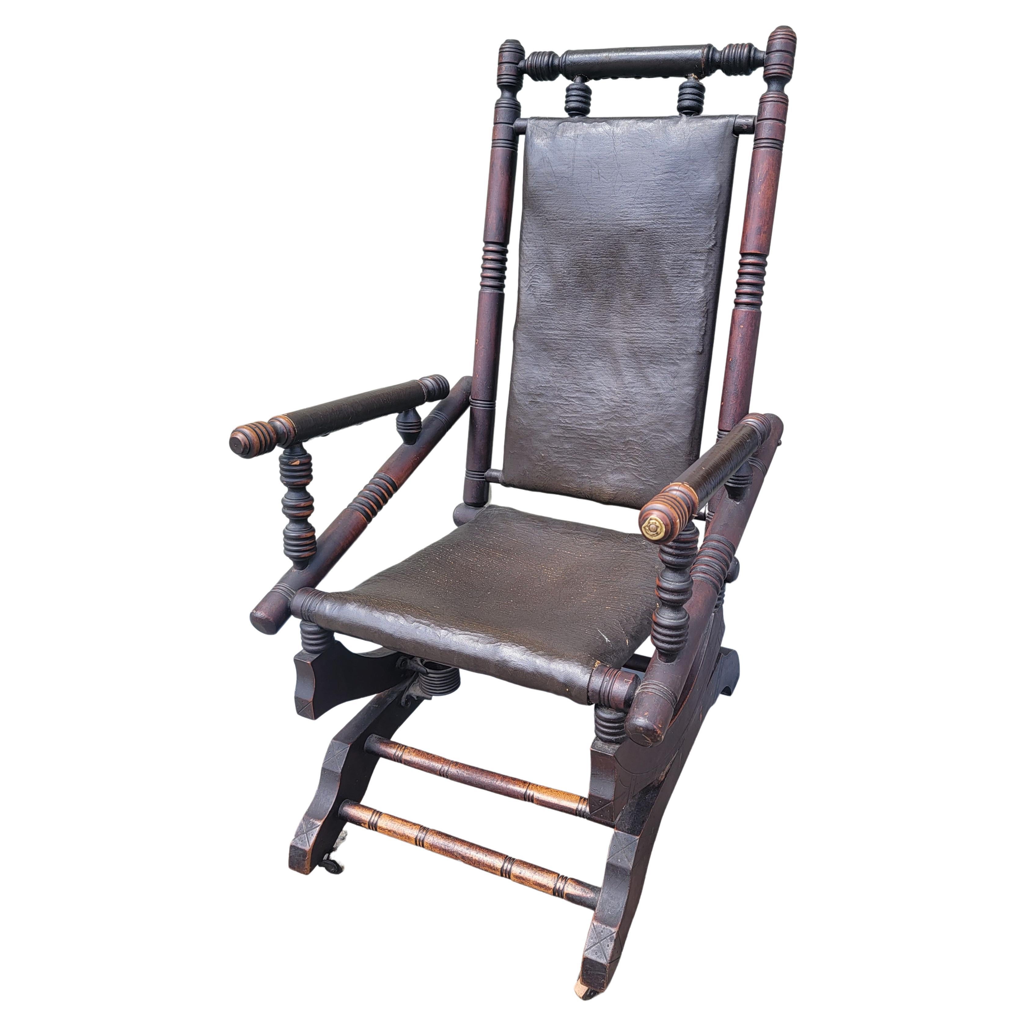 19Thc Platform Rocking Chair in Leather / Oil Cloth For Sale