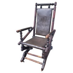 Chaise à bascule à plateforme du 19ème siècle en cuir/toile à huile