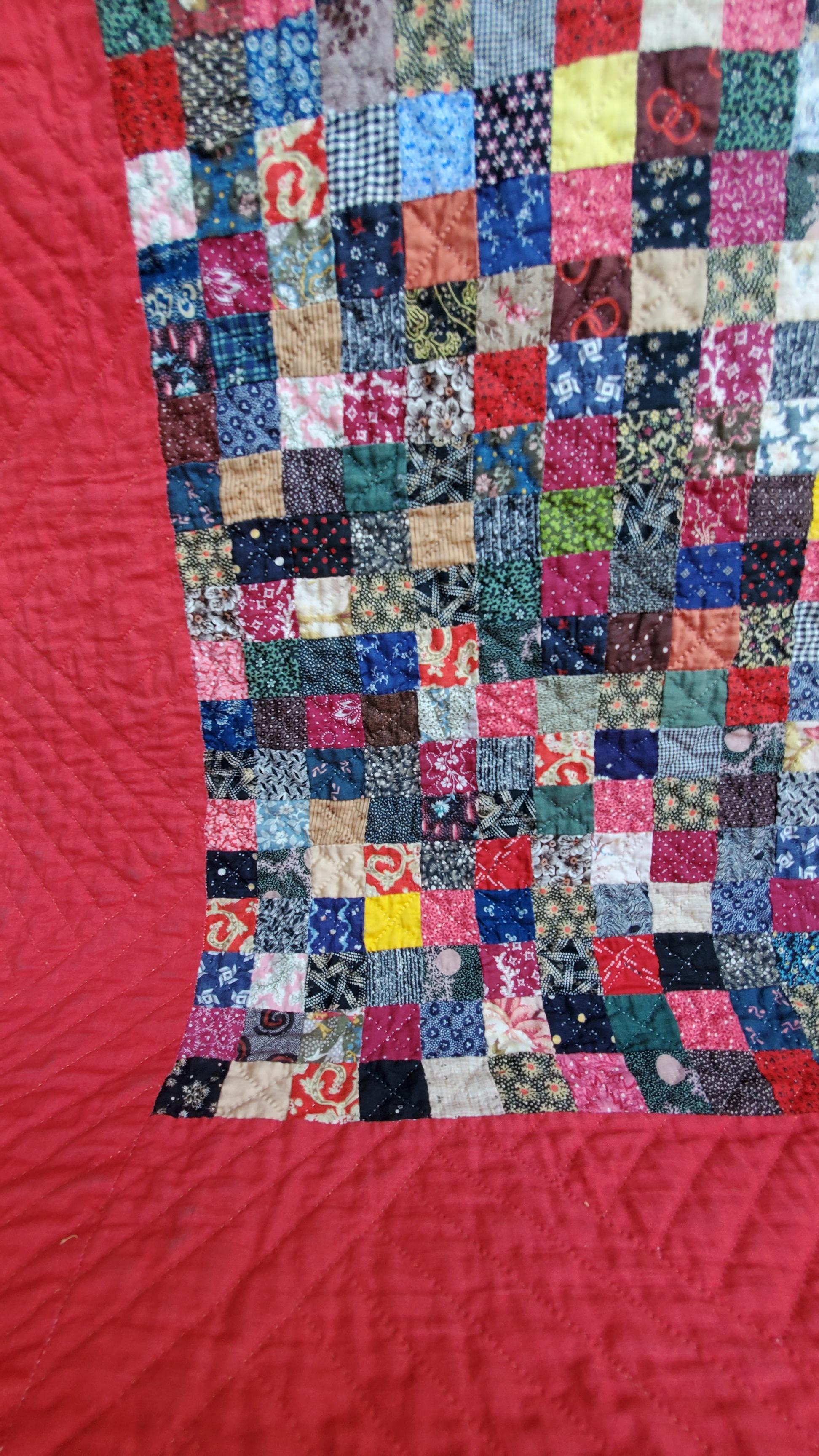 Hand-Crafted 19th Century Postage Stamp Saw Tooth Diamond Quilt For Sale