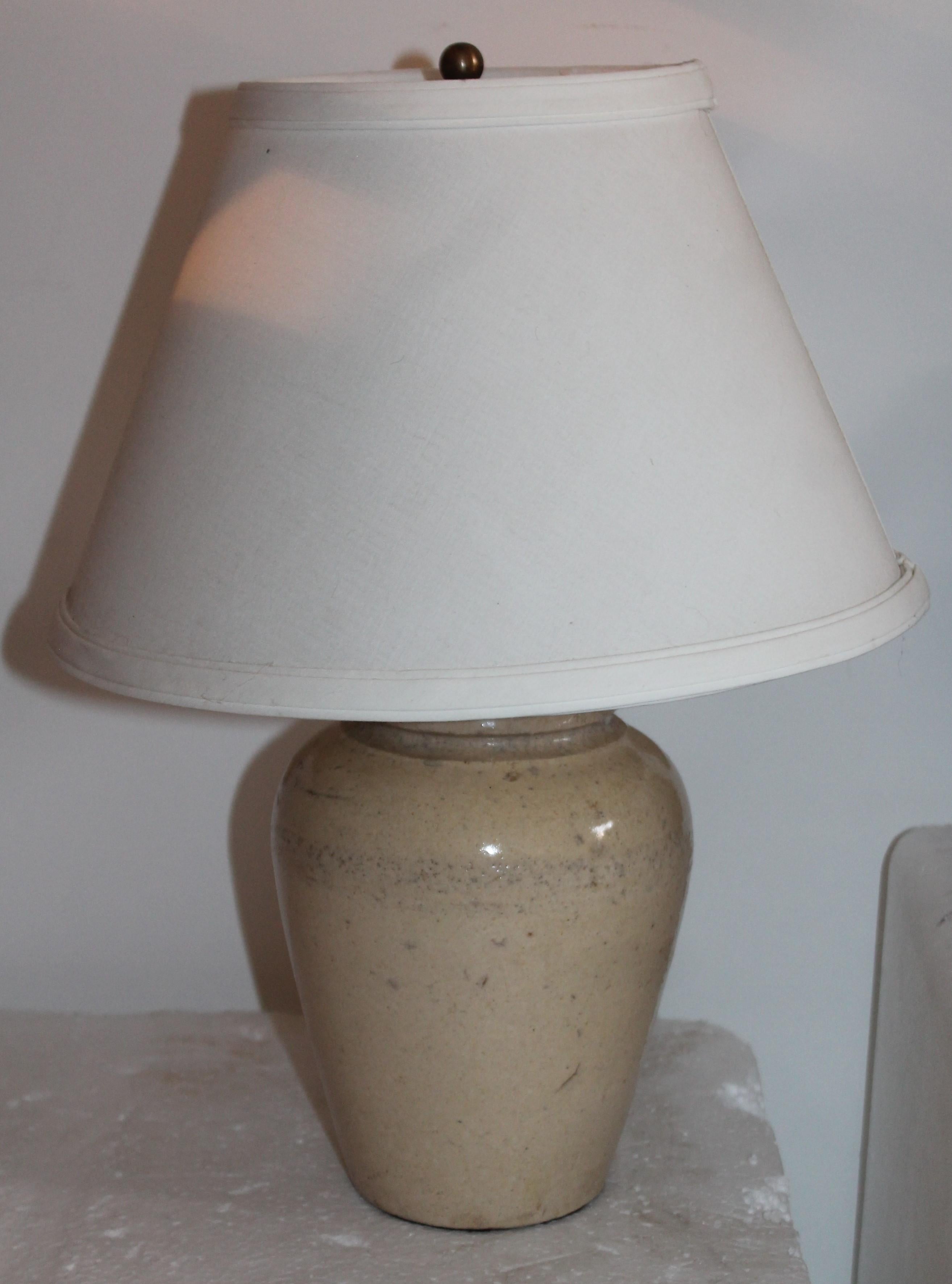 Table lamp shade measures 12 x 7.5. The condition is very good with this cream crock base.