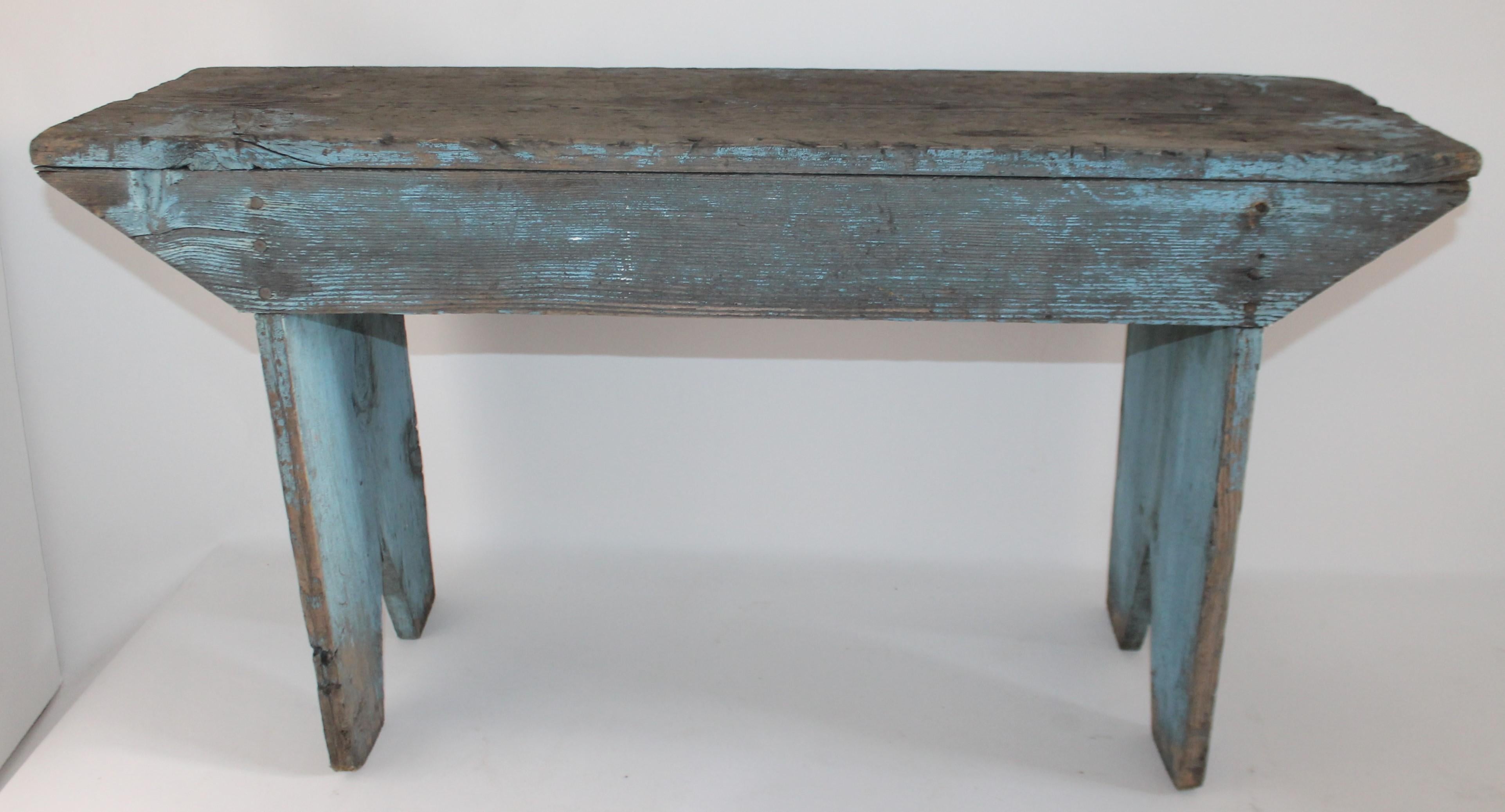 19th century original painted Robin egg blue bench from a farm in Pennsylvania. This country bench is in good sturdy condition and has been professionally checked for strength and stability. Has a wonderful aged patina.
