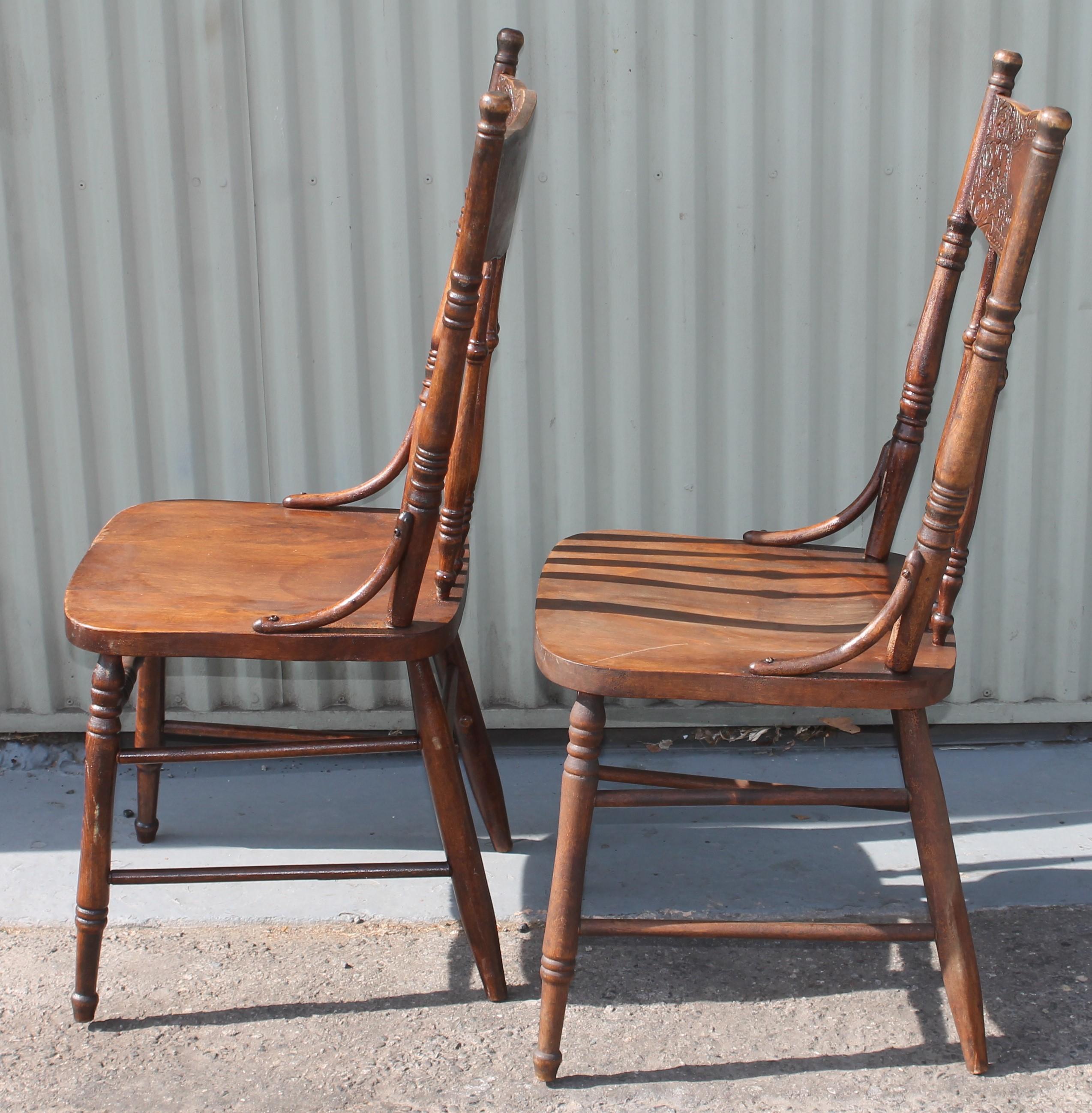 19thc original old surface pressed back chairs in fine sturdy condition. The set of a great cowboy or Ralph Lauren Double RL look !!! Fantastic condition and very comfortable.
