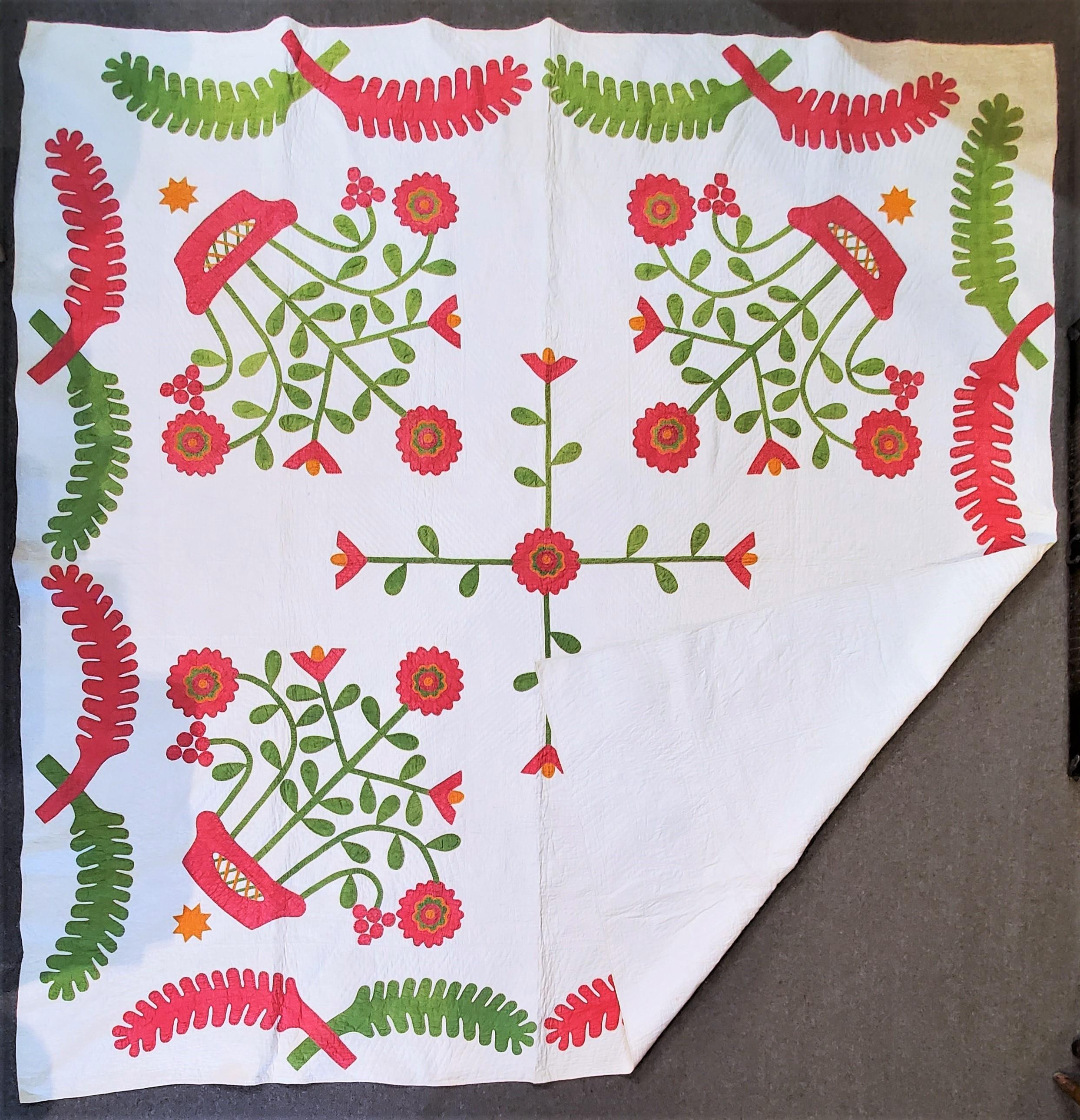 This fine very folky Pennsylvania applique album quilt was found in Ohio and in very good condition. The execution of this fine applique has very fine tight quilting and wonderful fine applique work. Colors are very strong and vibrant. This quilt