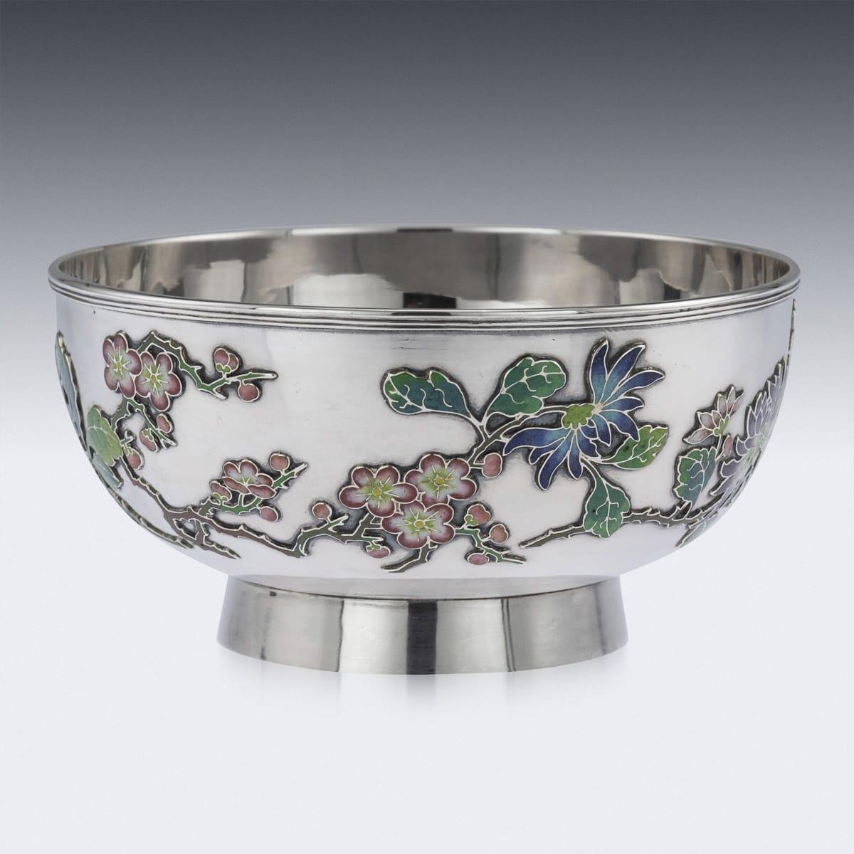 Antique late 19th century extremely rare Chinese export solid silver and enamel bowl, the sides are applied with shaded enamels, depicting blooming chrysanthemums and cherry blossom on polished ground. The bowl is of good traditional size and