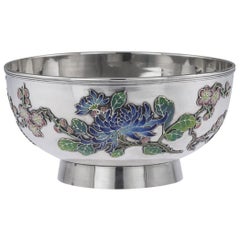 Antique 19th Century Rare Chinese Export Solid Silver & Enamel Bowl, Wo Kwong circa 1890