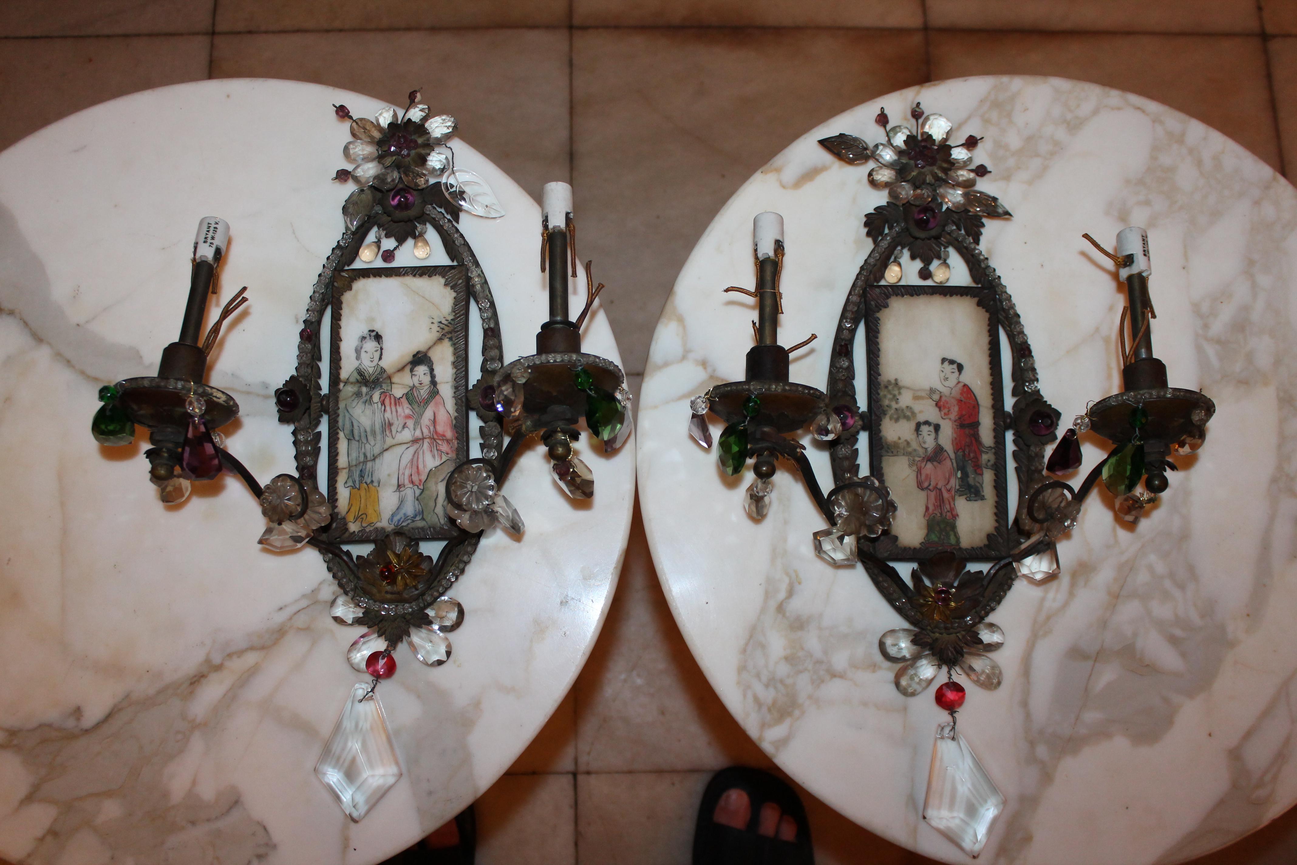 I do not think that there is another pair of these. Mid 19thc French Rococo Chinoiserie Figures Hand Painted on Antique Stone Panels. Signed in Bronze 