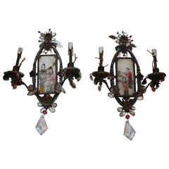 19thc Rare Chinoiserie Figural Art on Stone Wall Sconces Signed by Maison Bagues