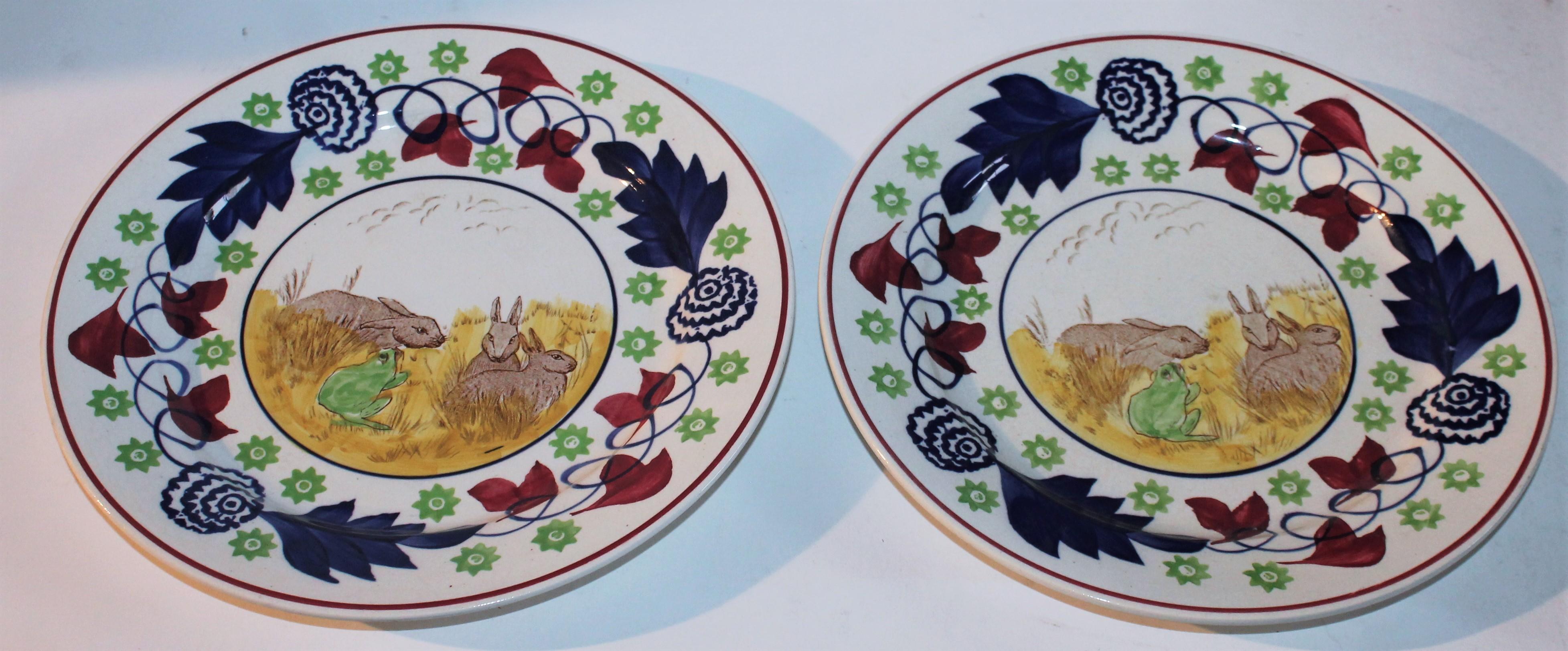 Folk Art 19th Century Rare Stick Spatter Rabbit Plates / Set of Four For Sale