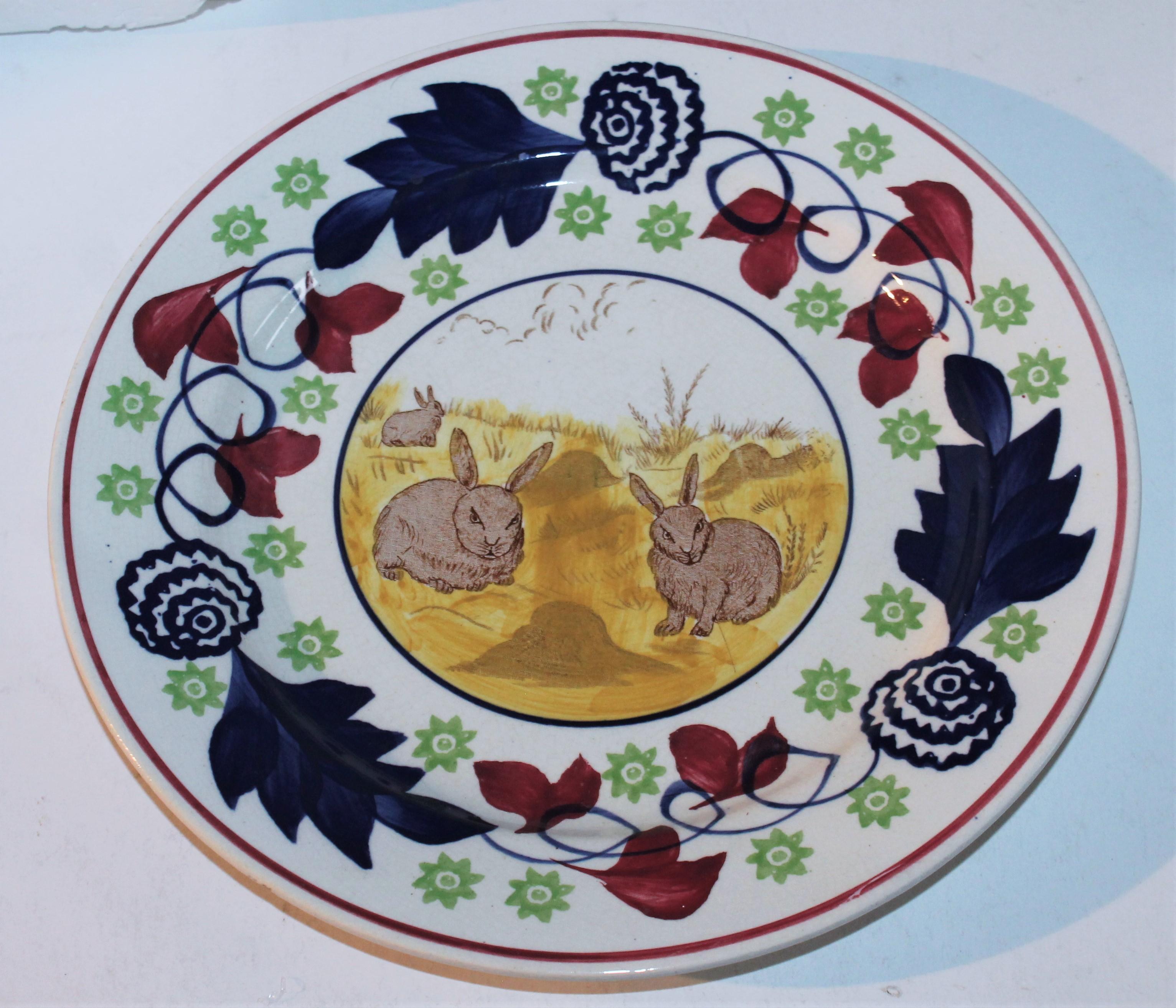 American 19th Century Rare Stick Spatter Rabbit Plates / Set of Four For Sale