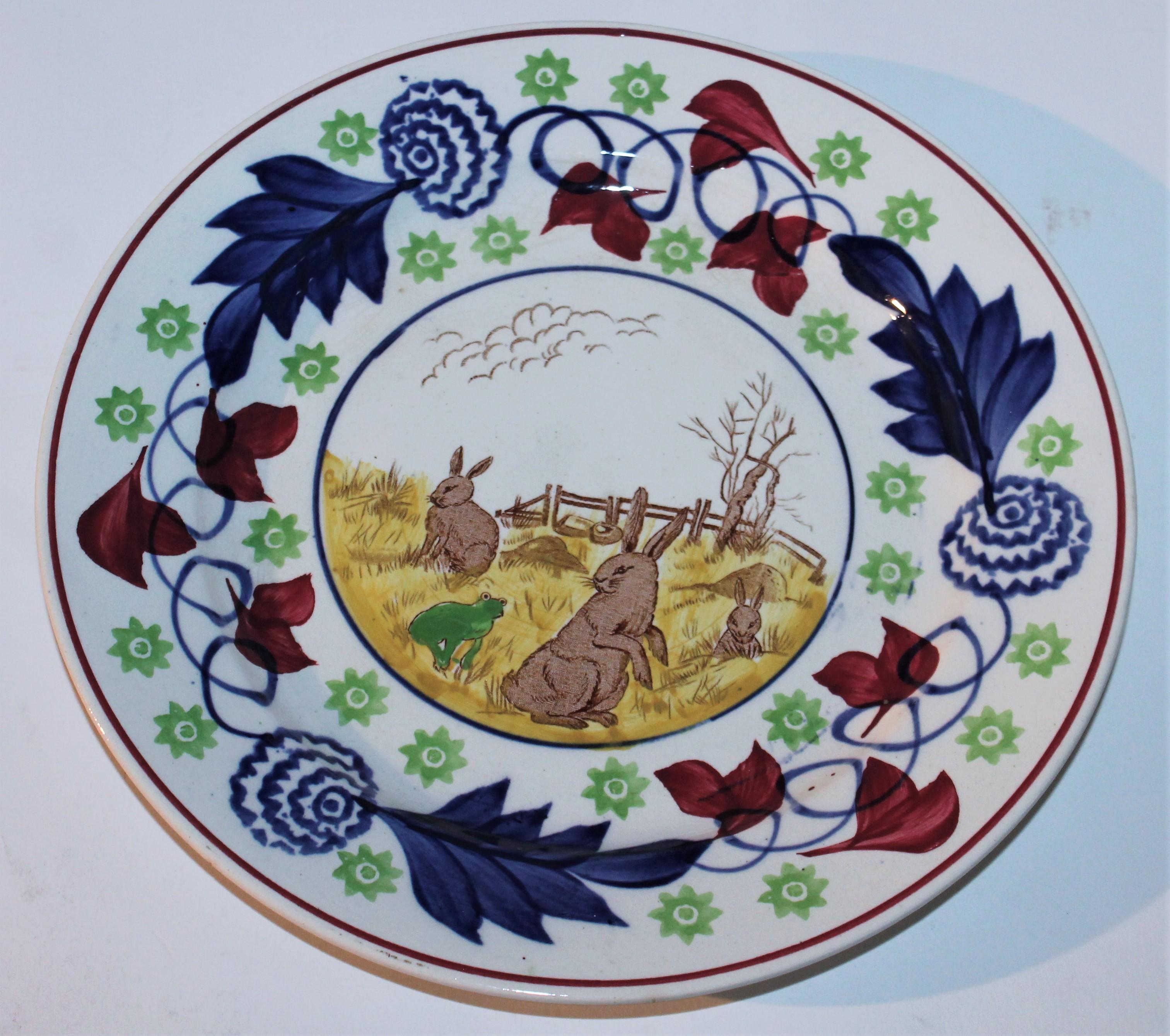 Hand-Painted 19th Century Rare Stick Spatter Rabbit Plates / Set of Four For Sale
