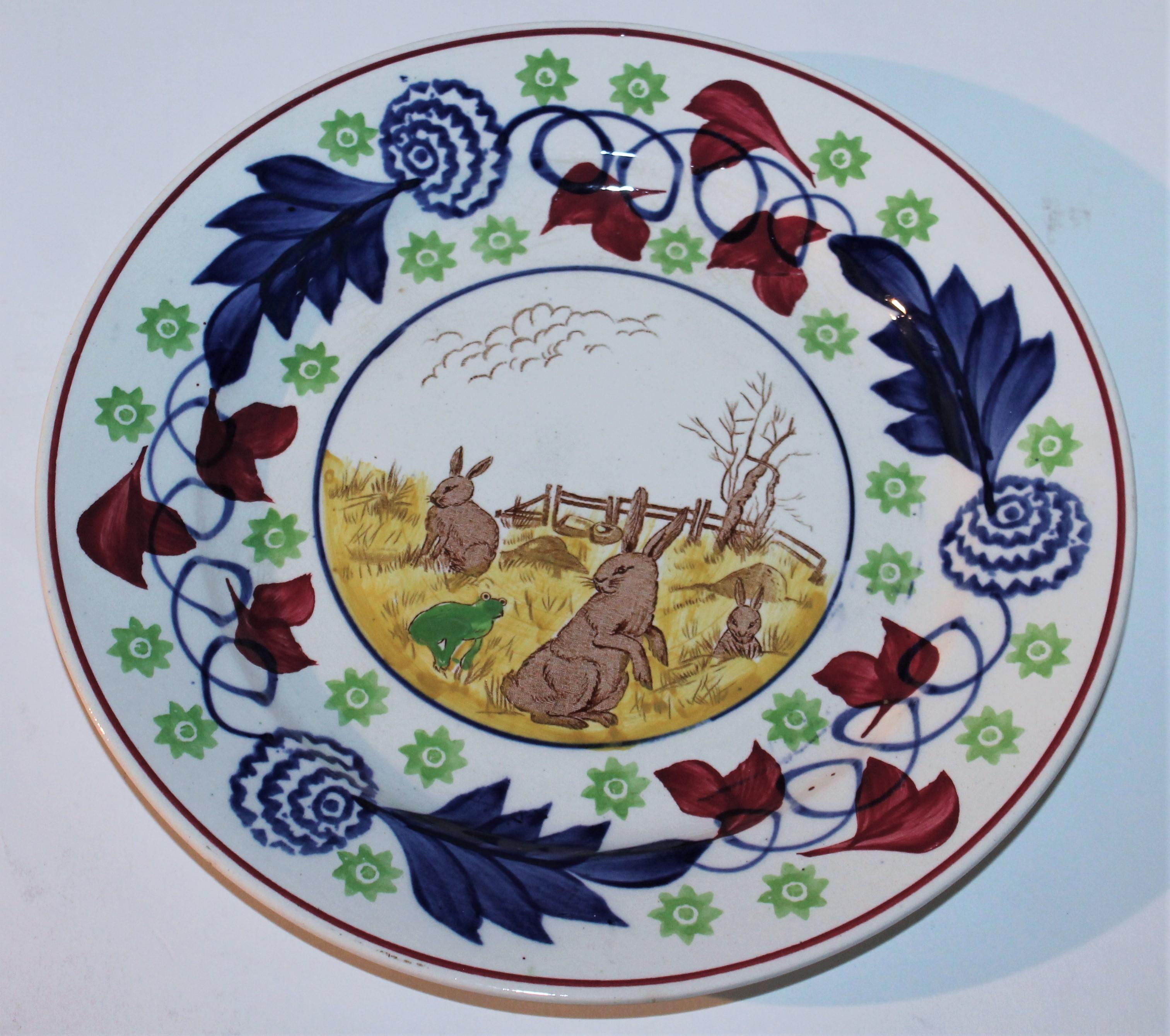 Hand-Painted 19th Century Rare Stick Spatter Rabbit Plates / Set of Four