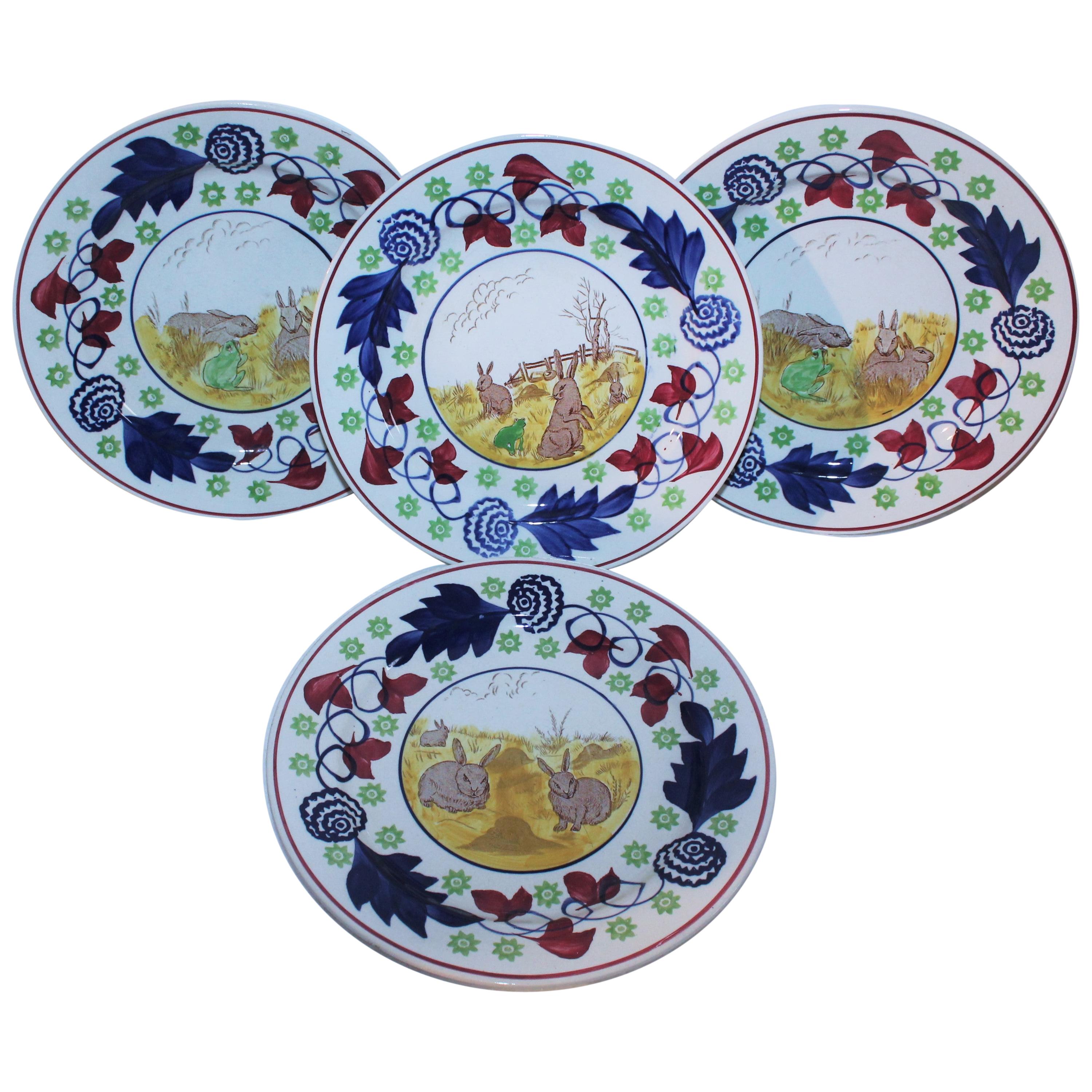 19th Century Rare Stick Spatter Rabbit Plates / Set of Four For Sale