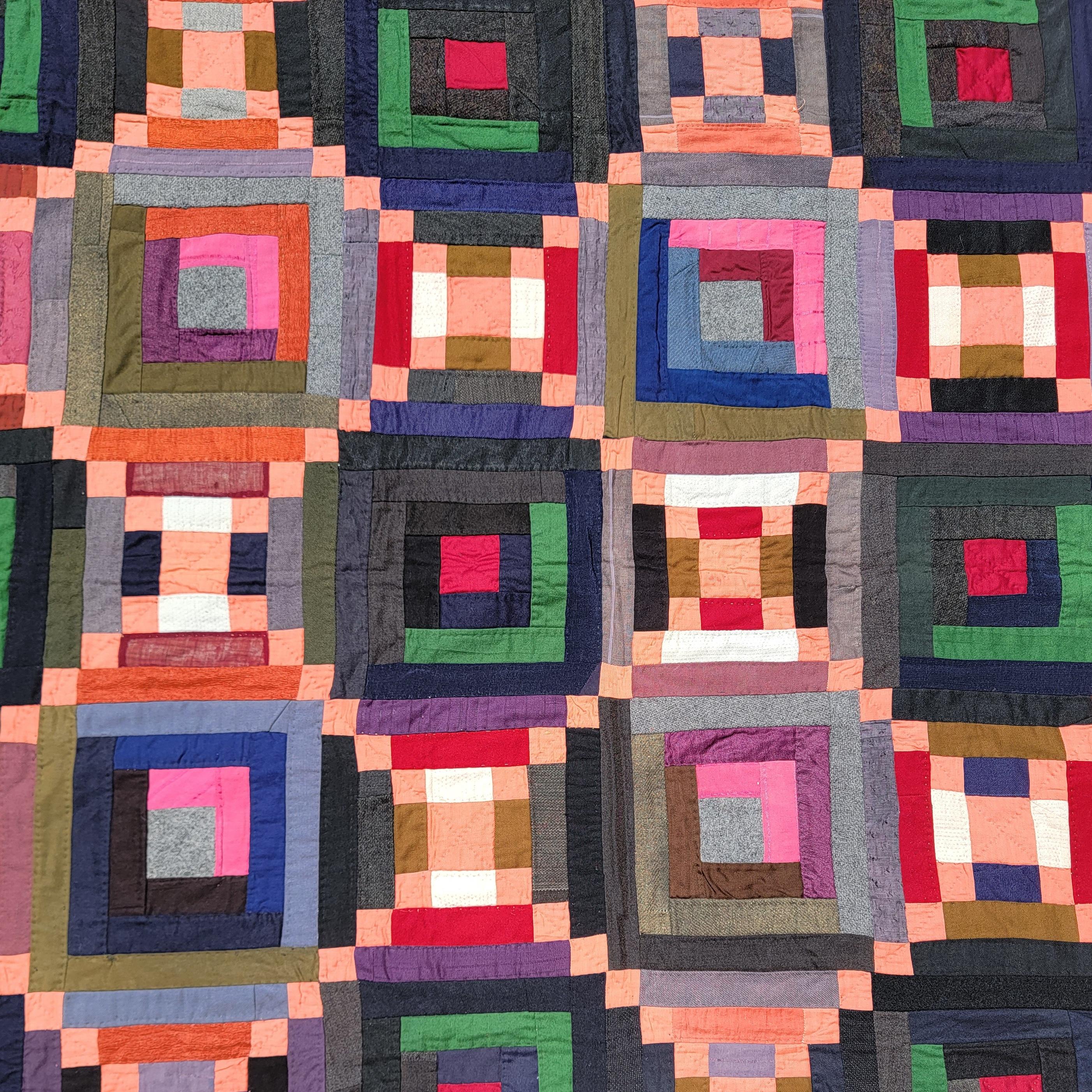 This fine 19thc all wool Amish Lancaster County,Pennsylvania log cabin quilt is in fine condition.We have never had or seen pastel with dark wool pieces.It is so typical of Lancaster county colors.All made from early wools and some wool