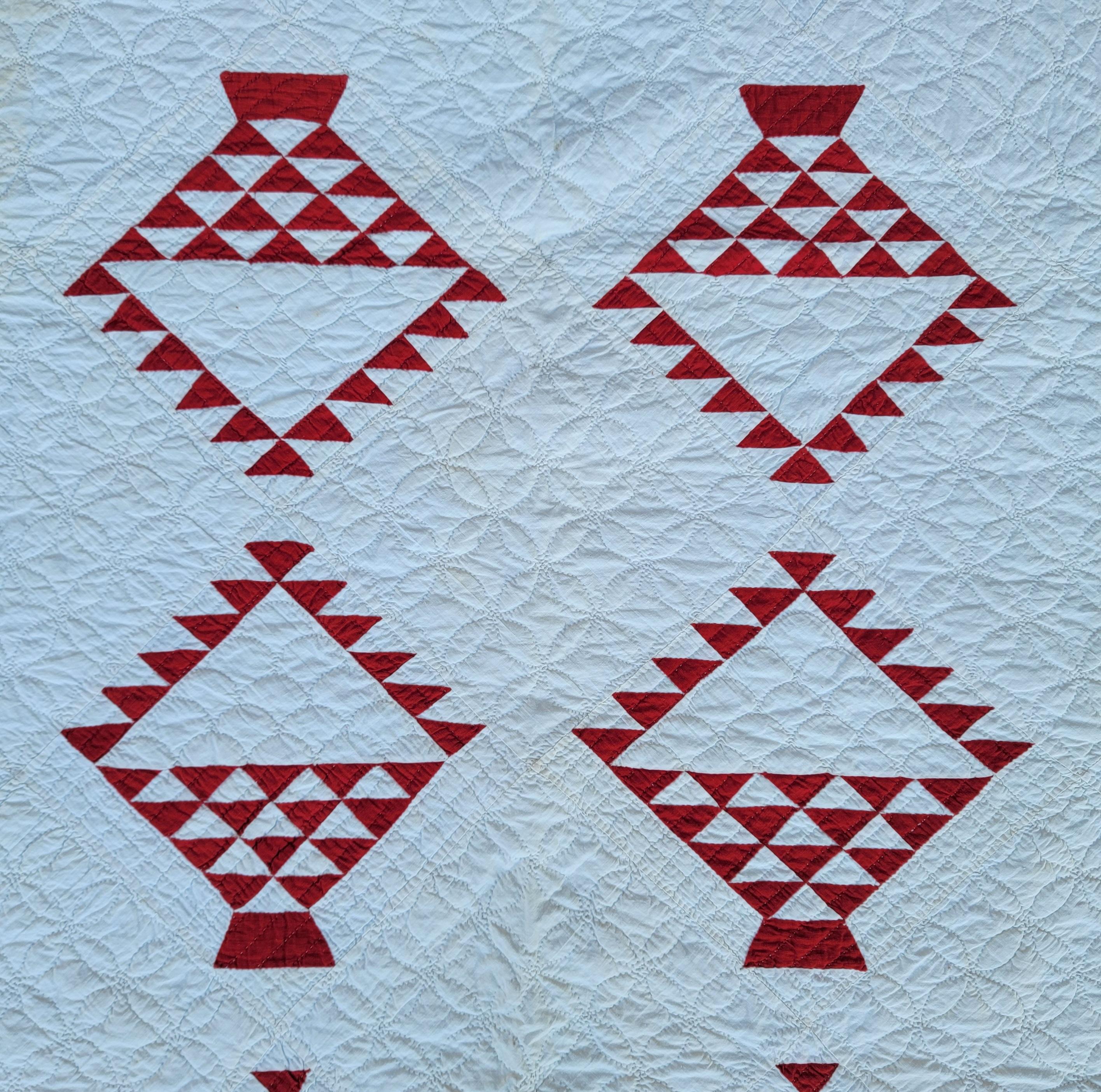 American Classical 19thc Red and White Basket Quilt