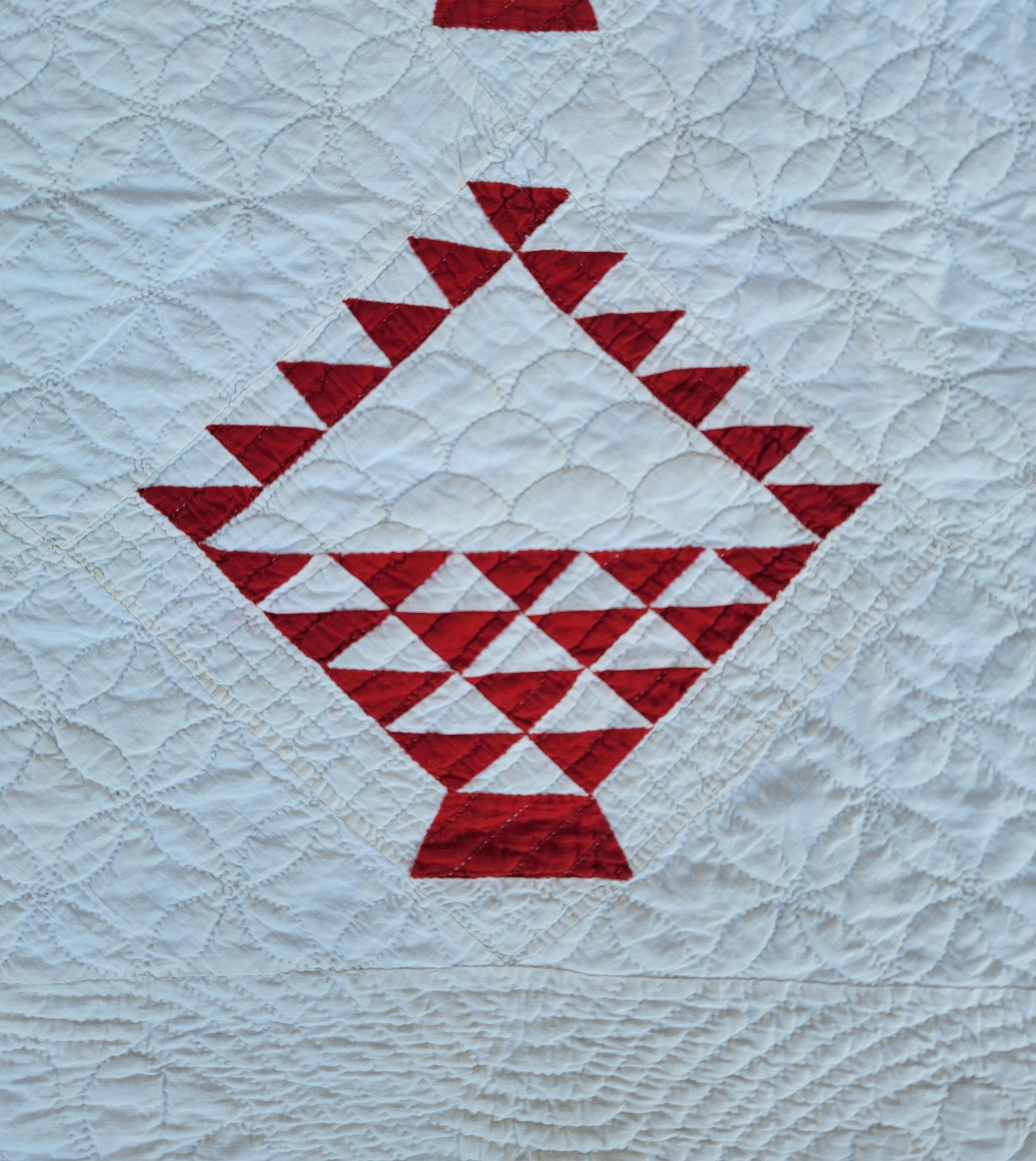 Hand-Crafted 19thc Red and White Basket Quilt
