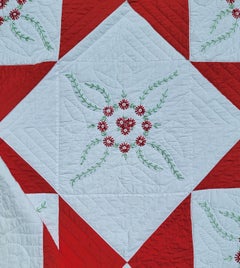 19thc Red And White Eight Point Star Quilt w/Applique Flowers