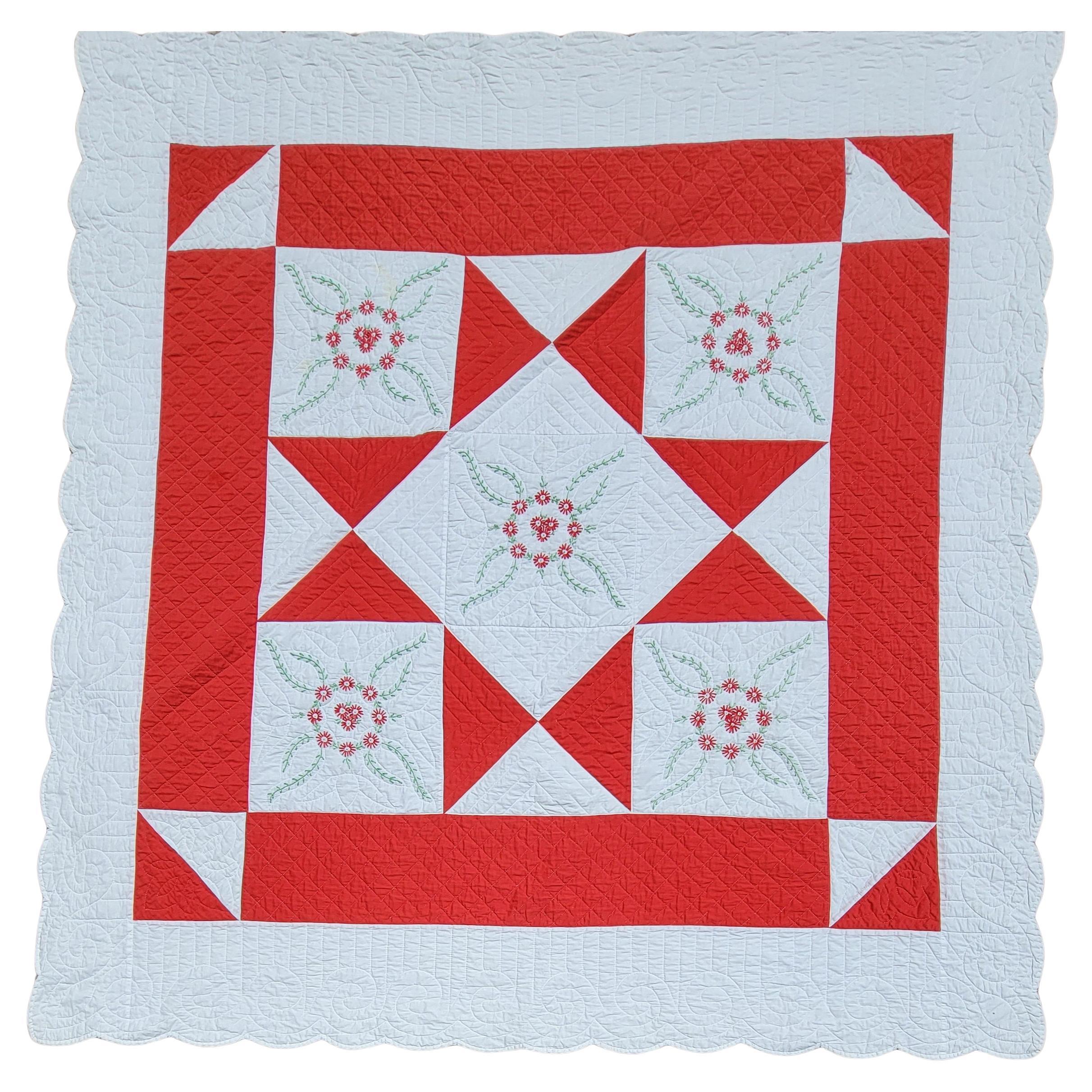 19thc Red And White Eight Point Star Quilt w/Applique Flowers