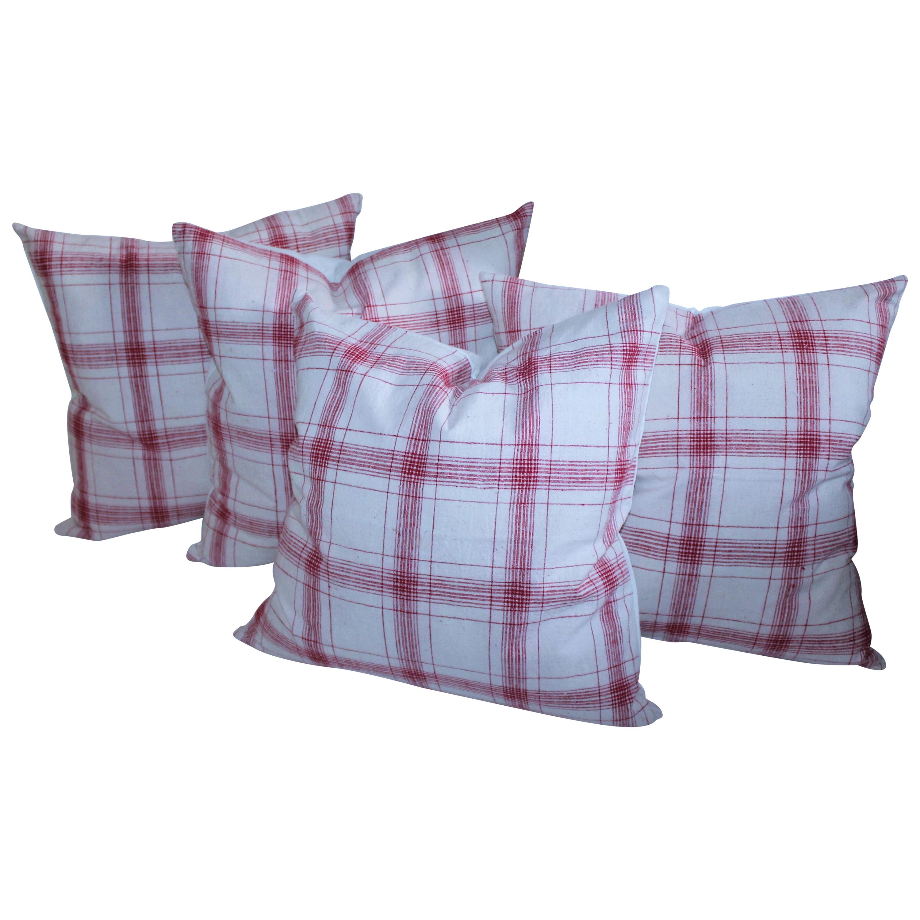 19th Century Red and White Homespun Linen Pillows For Sale