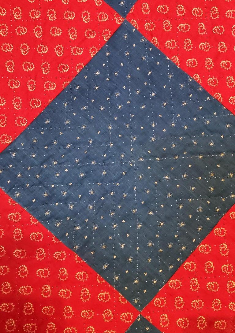 19Thc Colcha de bloques de calicó rojo y azul Adirondack en venta