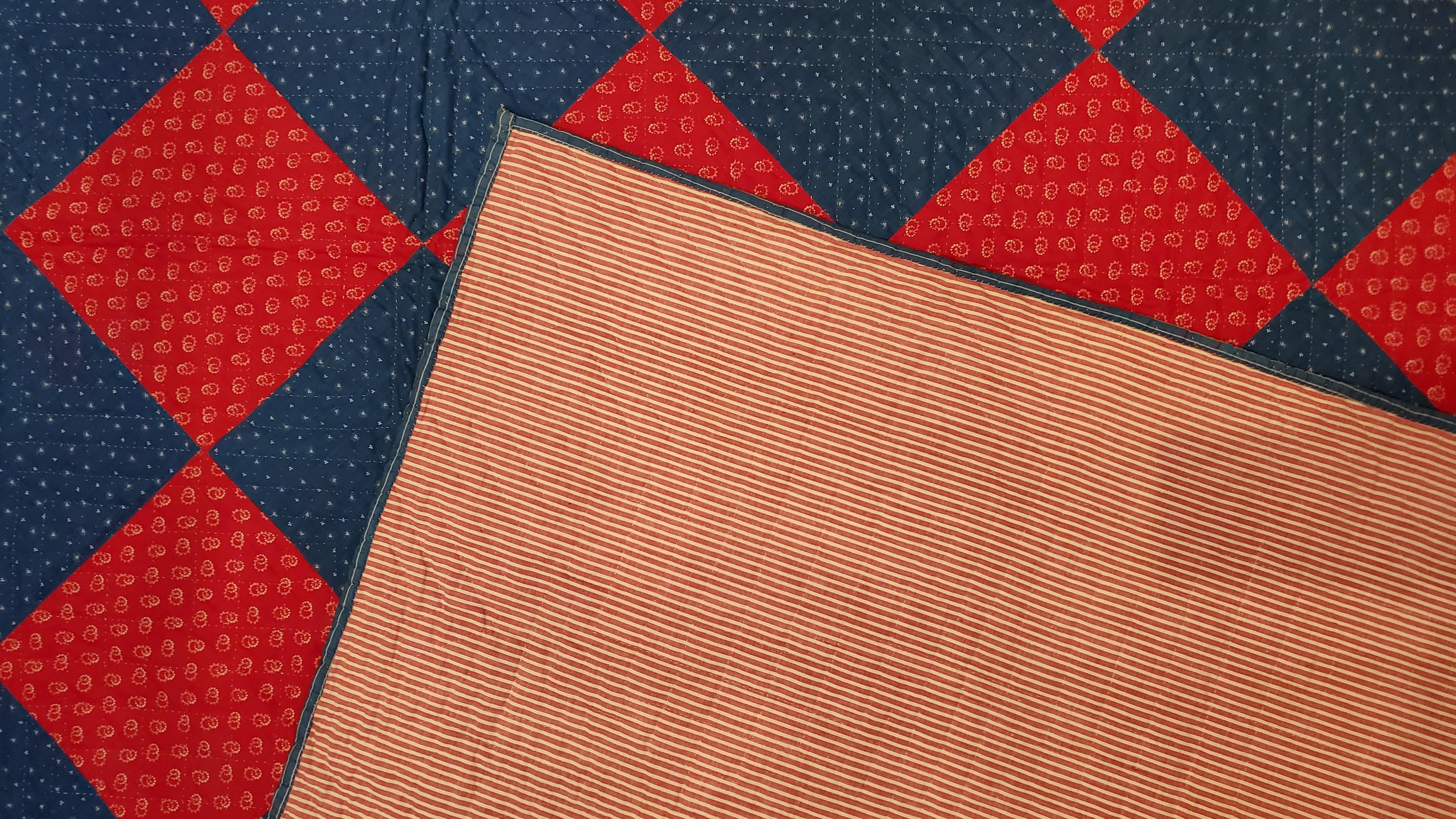 American 19Thc Red & Blue Calico Blocks Quilt For Sale