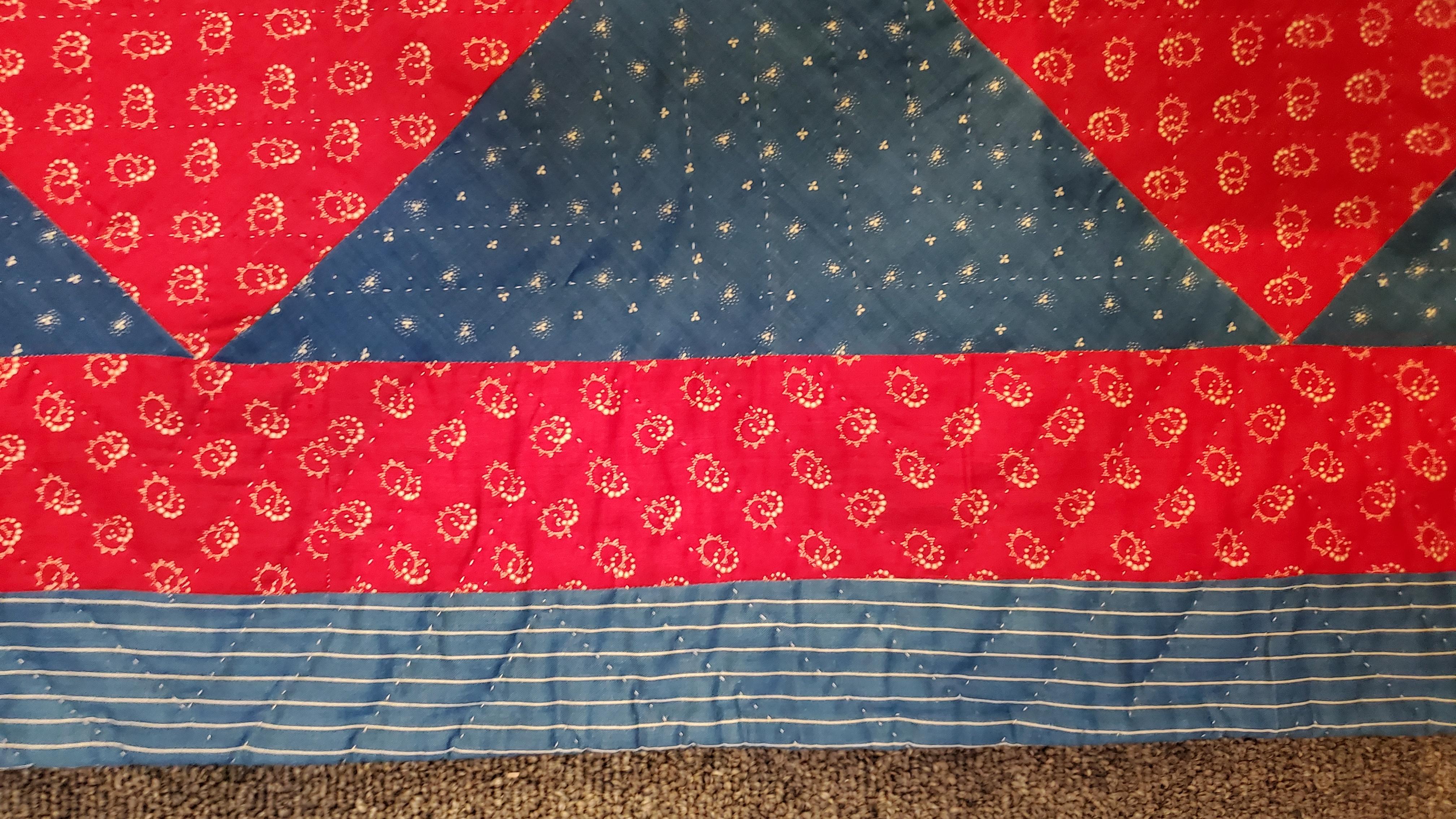 Hand-Crafted 19Thc Red & Blue Calico Blocks Quilt For Sale