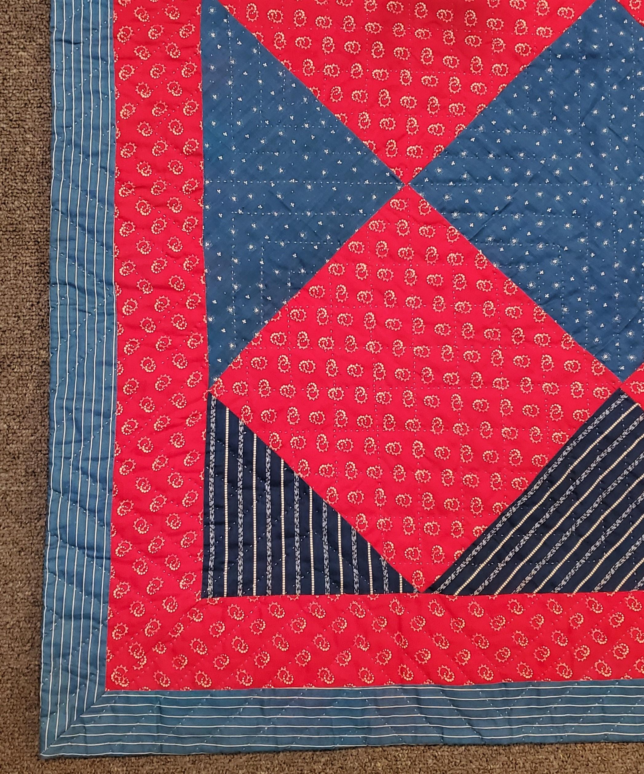 19th Century 19Thc Red & Blue Calico Blocks Quilt For Sale