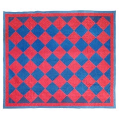19Thc Red & Blue Calico Blocks Quilt