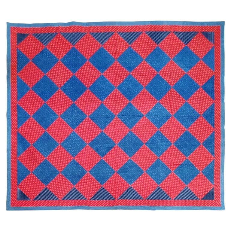 19Thc Red & Blue Calico Blocks Quilt