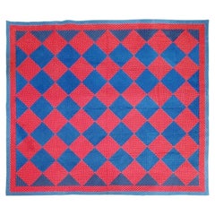 19Thc Red & Blue Calico Blocks Quilt