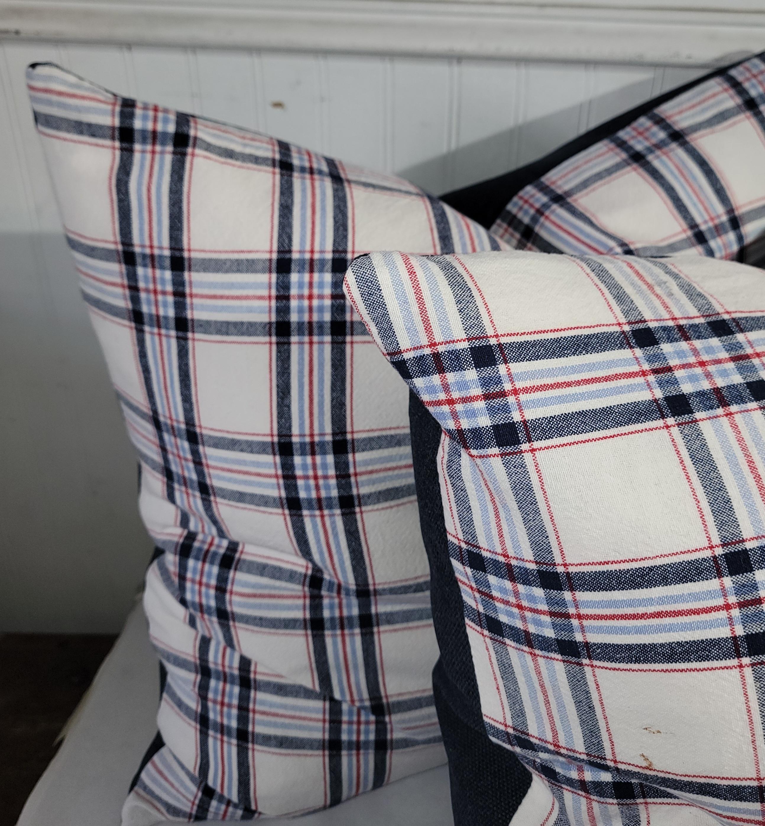Adirondack 19Thc Red & Blue  Plaid Linen Pillows -Set of Four For Sale