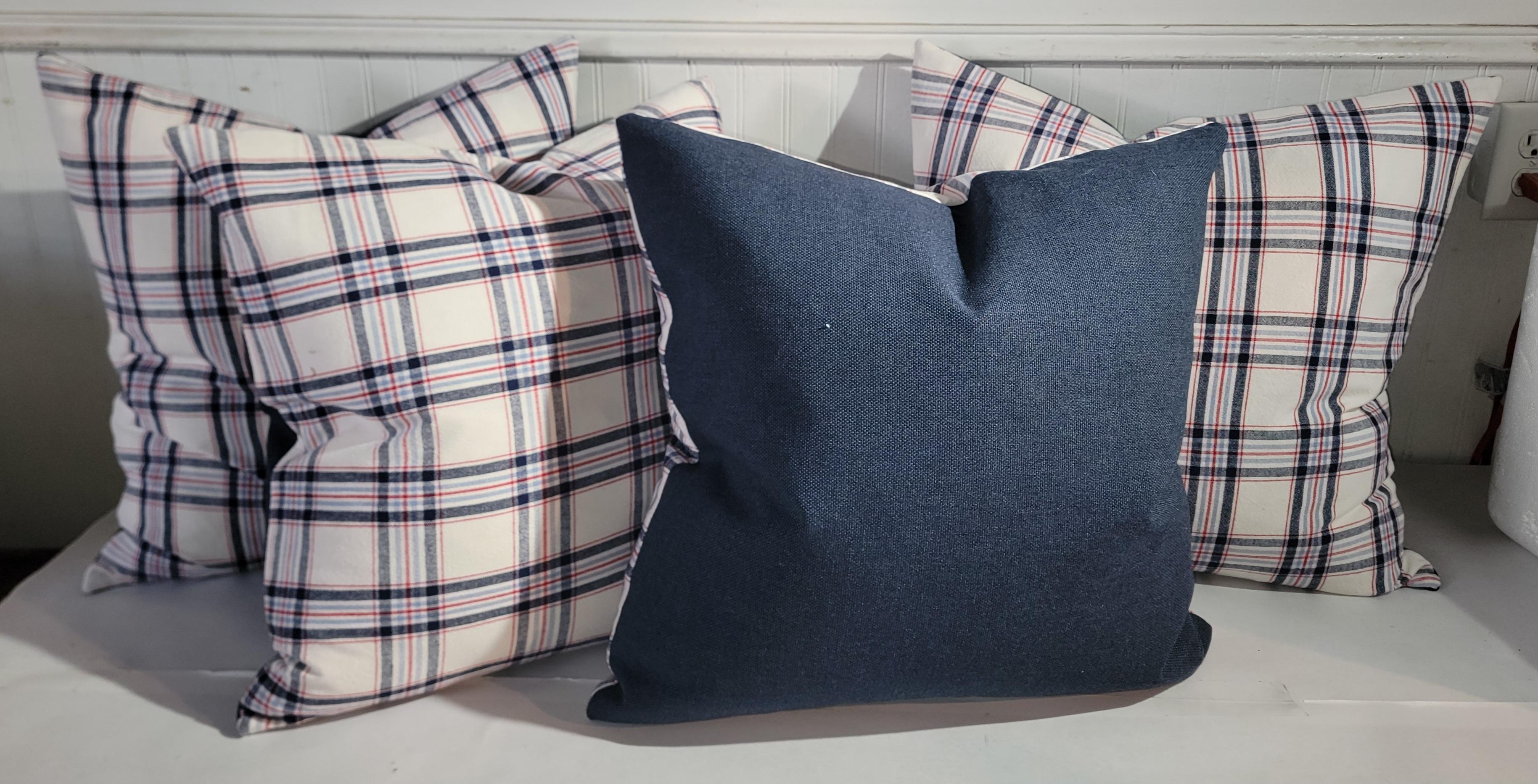 Hand-Crafted 19Thc Red & Blue  Plaid Linen Pillows -Set of Four For Sale
