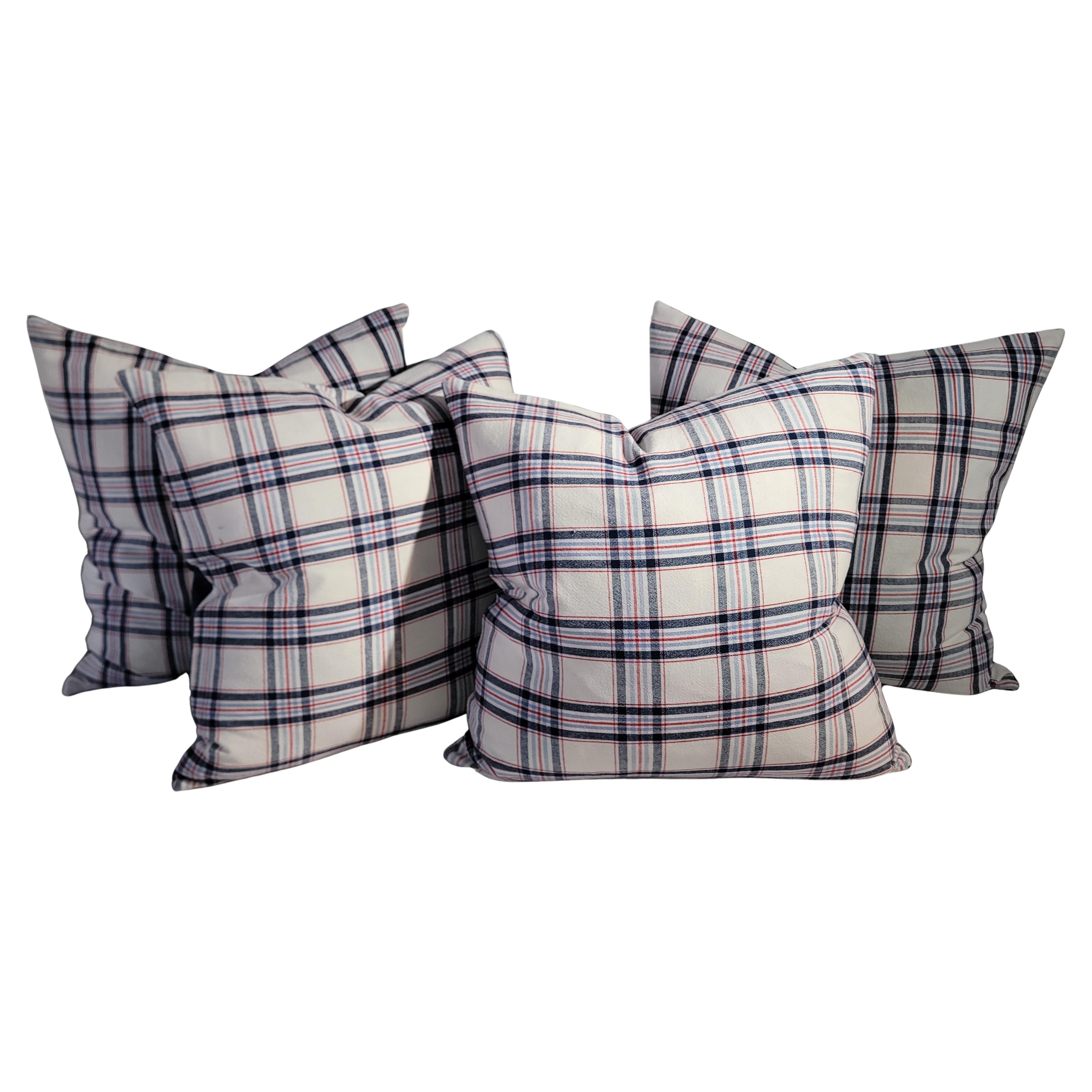 19Thc Red & Blue  Plaid Linen Pillows -Set of Four For Sale