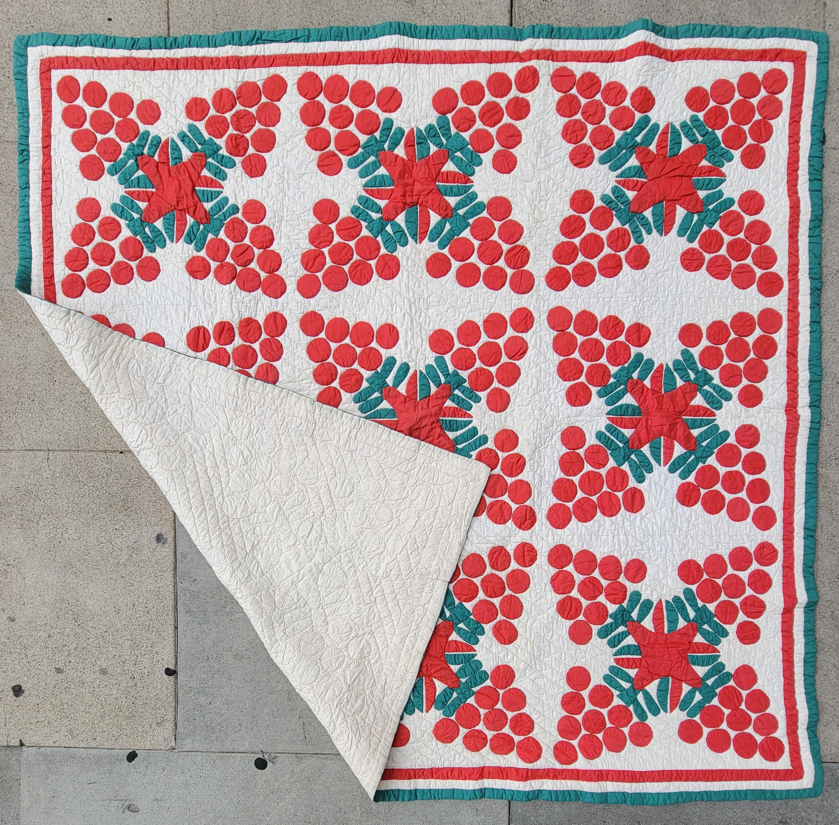American 19th C Red & Green Applique Berries Quilt For Sale