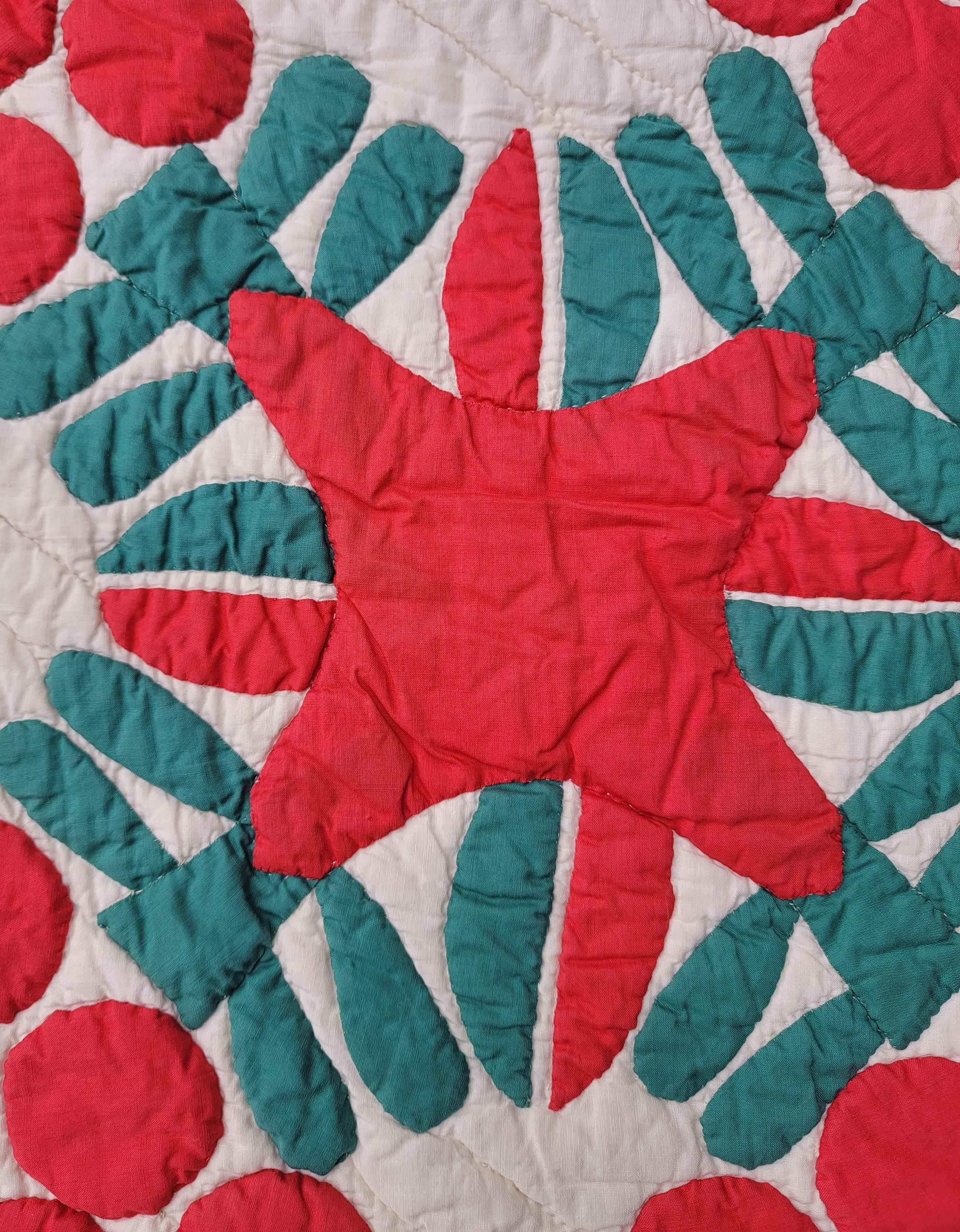 19th Century 19th C Red & Green Applique Berries Quilt For Sale