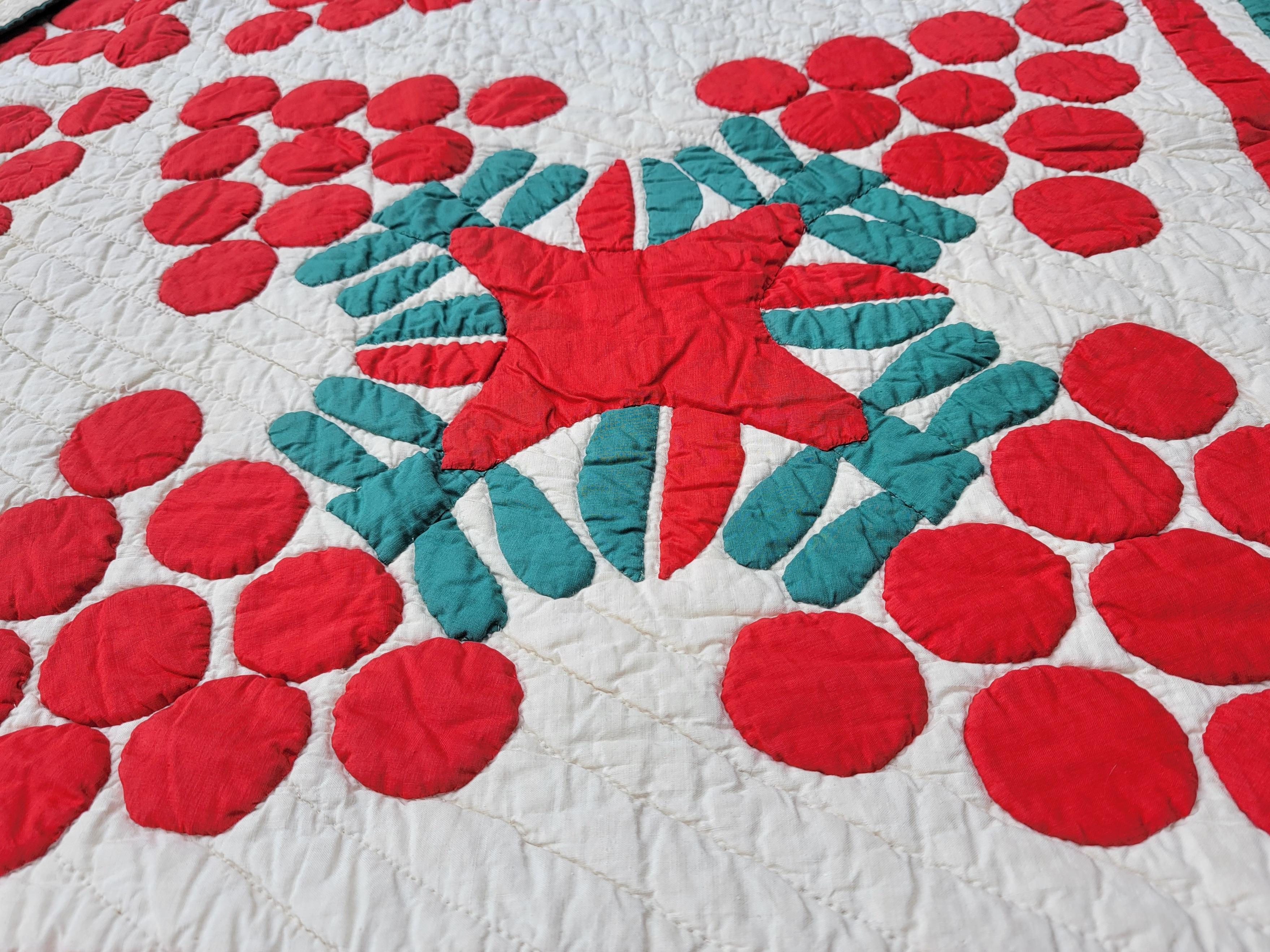 Cotton 19th C Red & Green Applique Berries Quilt For Sale