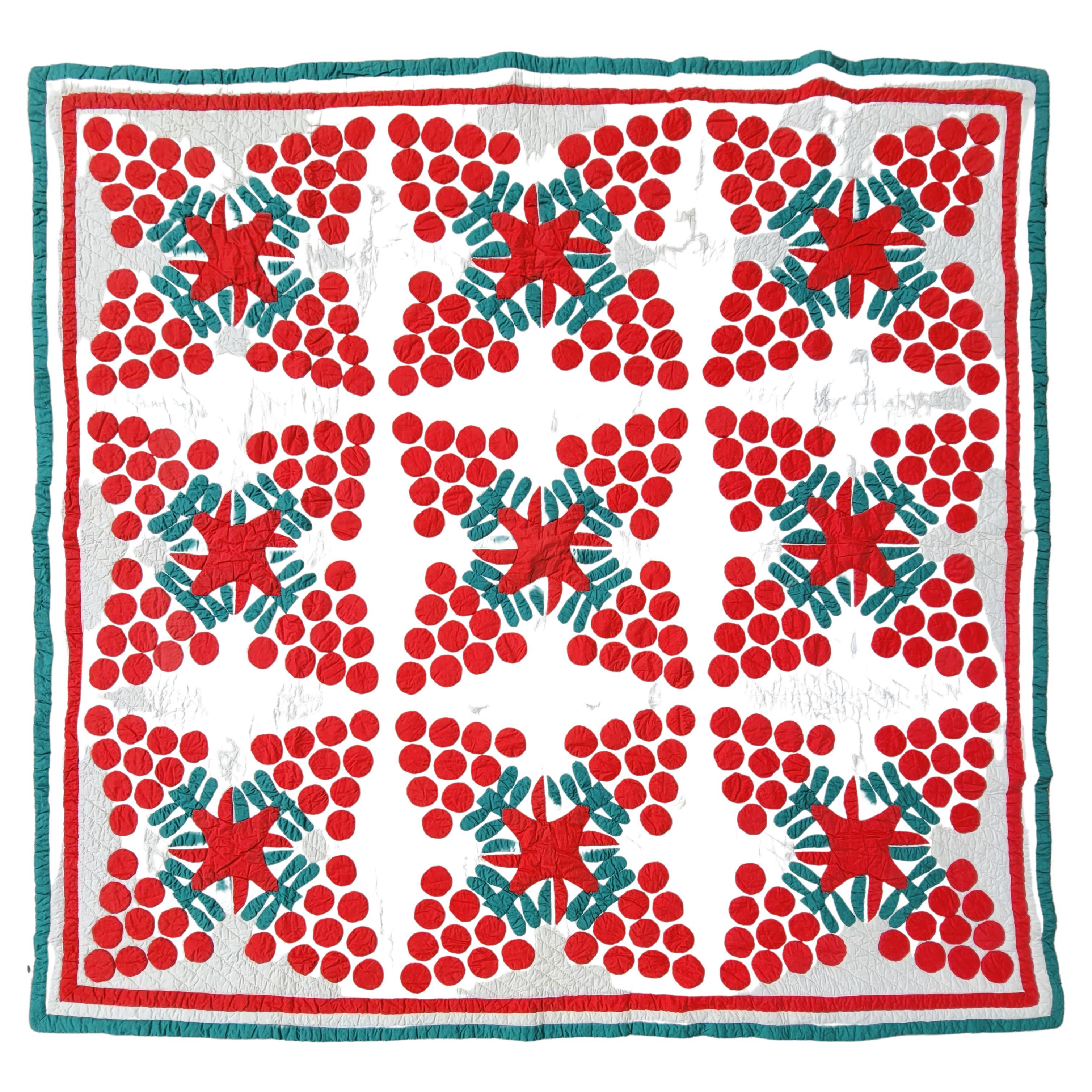19th C Red & Green Applique Berries Quilt For Sale