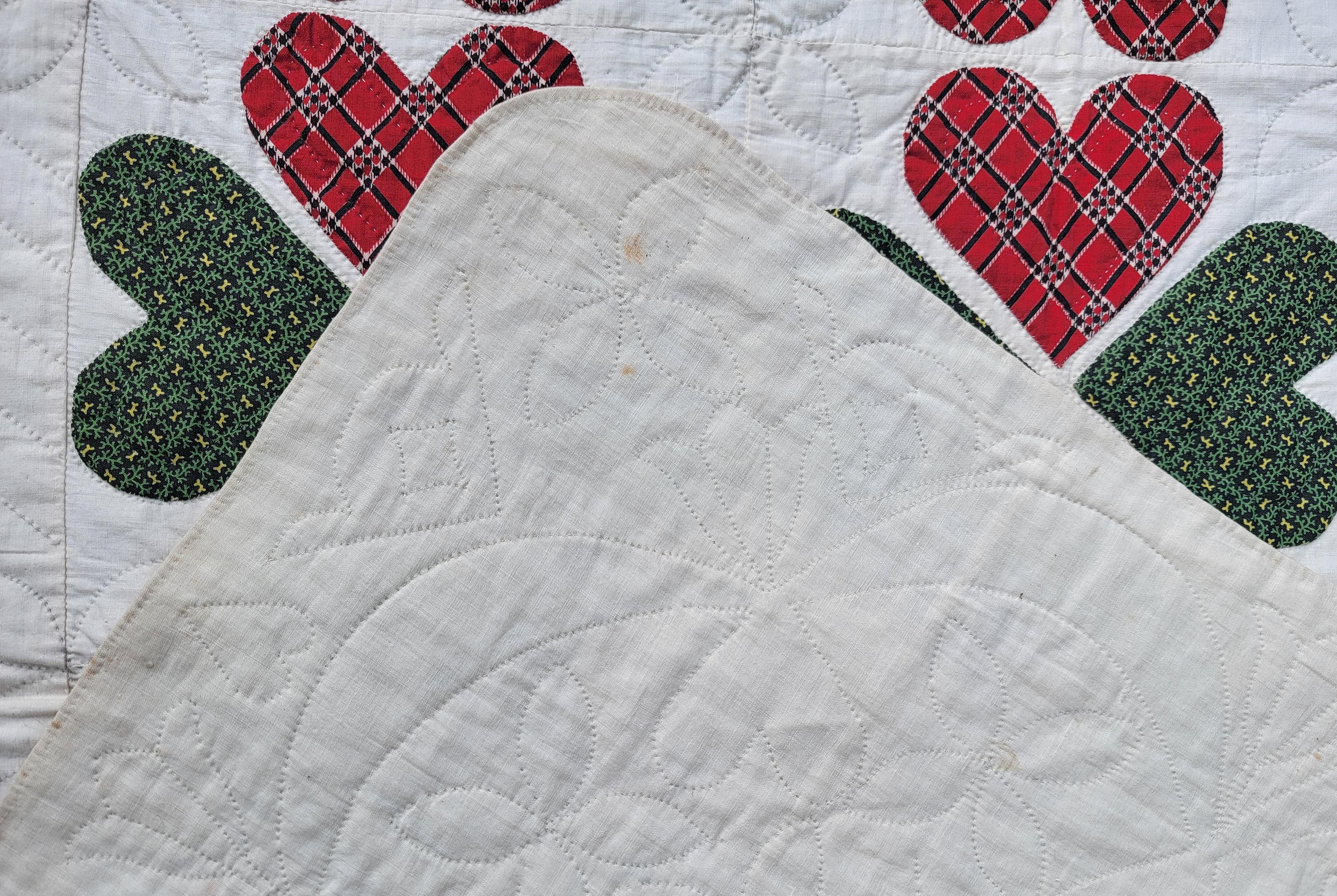 19thc Red & Green Double Hearts Applique W/ Swag Border For Sale 3