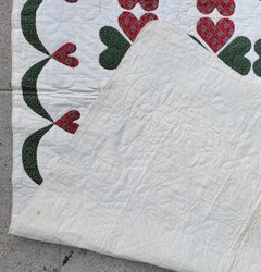 19thc Red & Green Double Hearts Applique W/ Swag Border