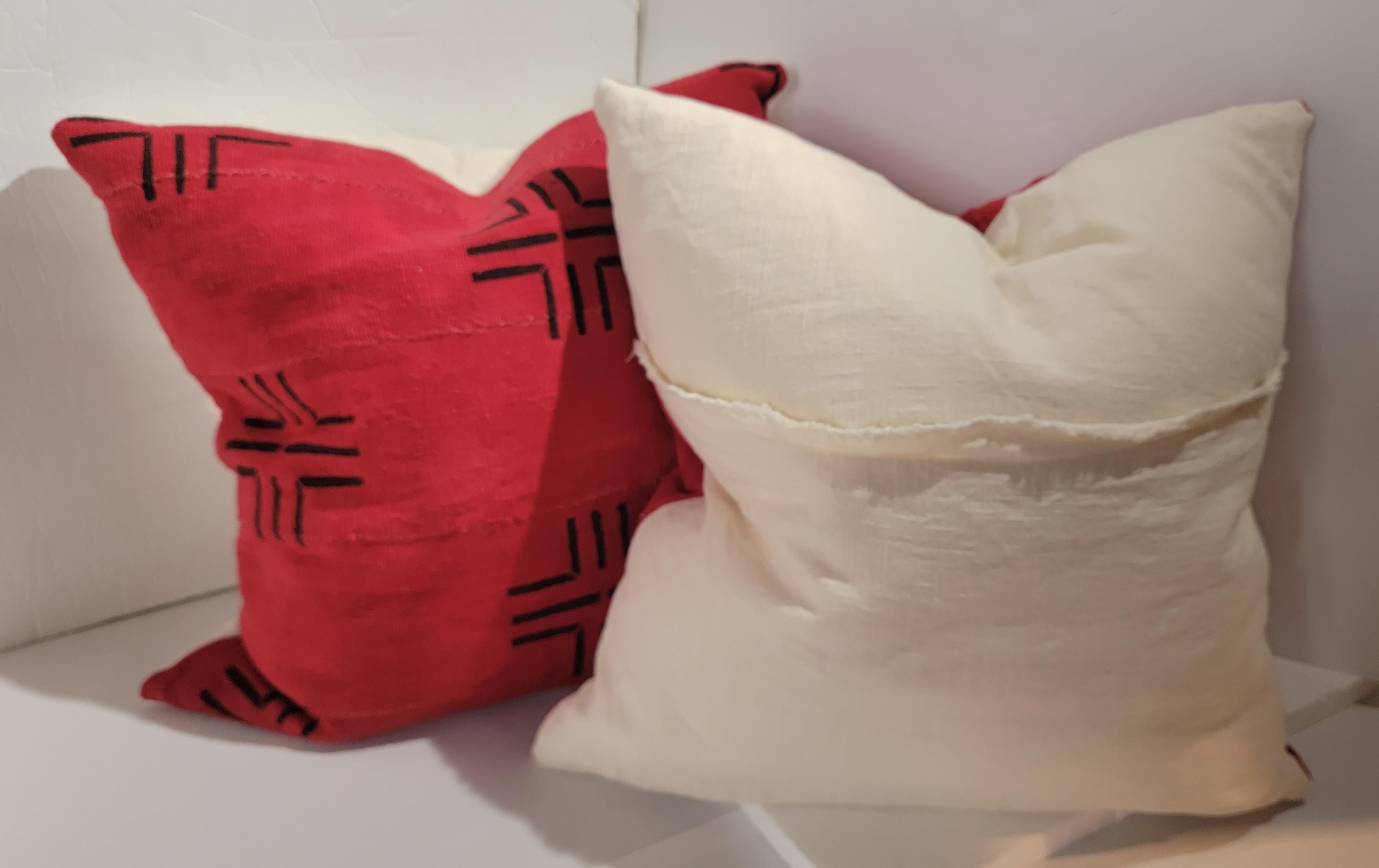 American 19Thc Red Linen Pillows With Black Designs -Pair For Sale
