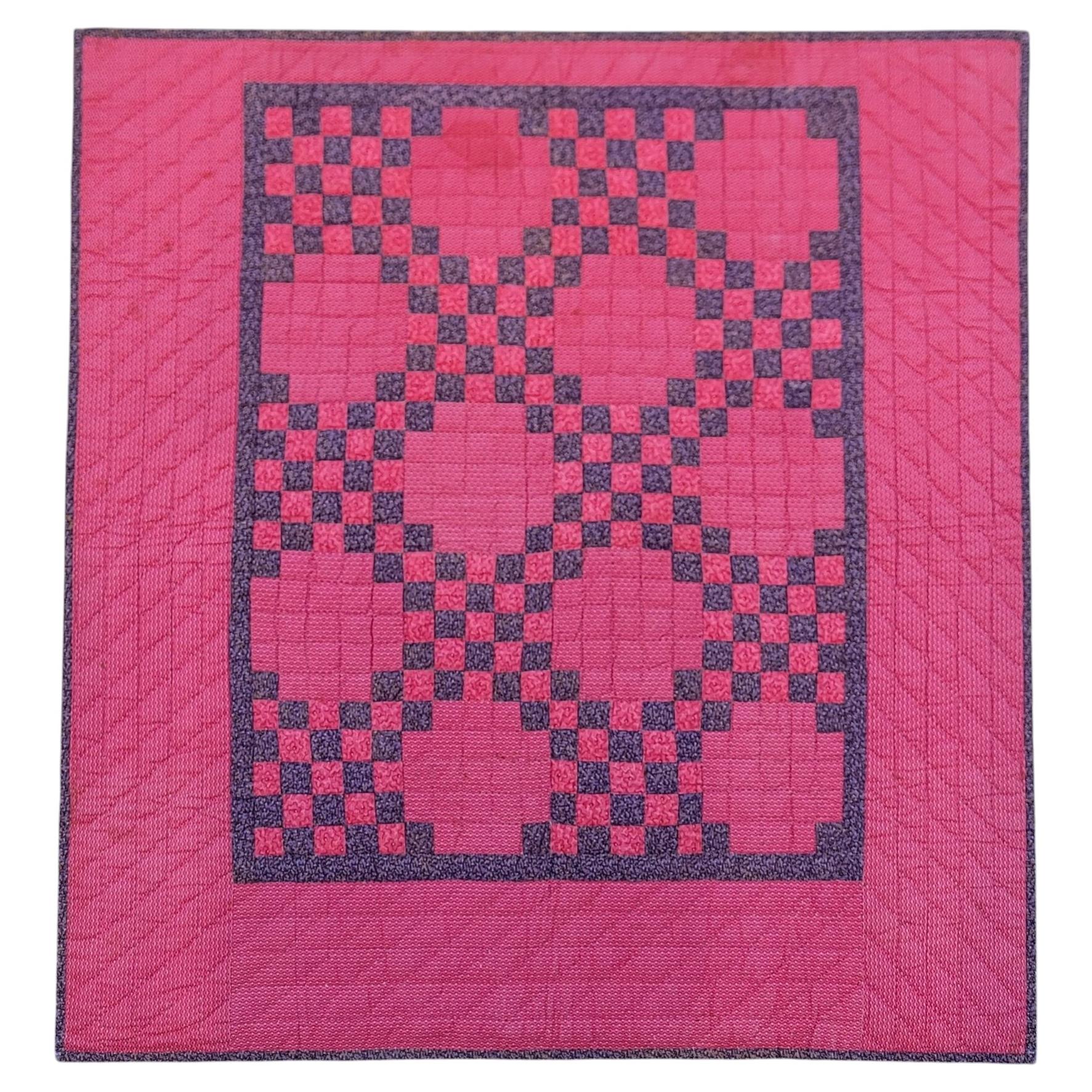 19Thc Red & Mulberry Postage Stamp Chain Quilt Mounted For Sale