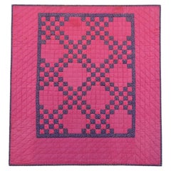 19Thc Red & Mulberry Postage Stamp Chain Quilt Mounted