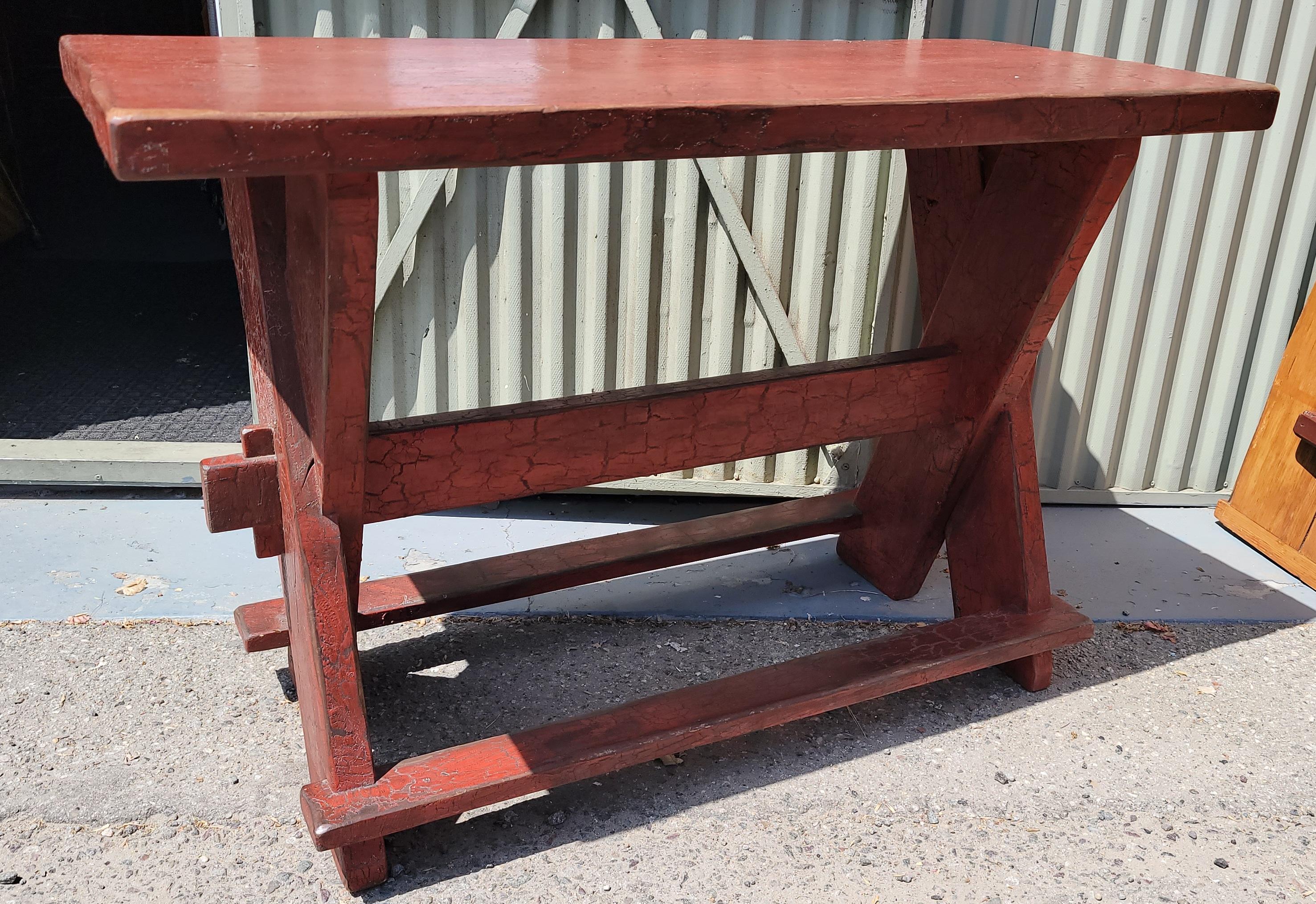 19Thc  Red Painted Sawbuck Side Table / Sofa Table In Good Condition For Sale In Los Angeles, CA
