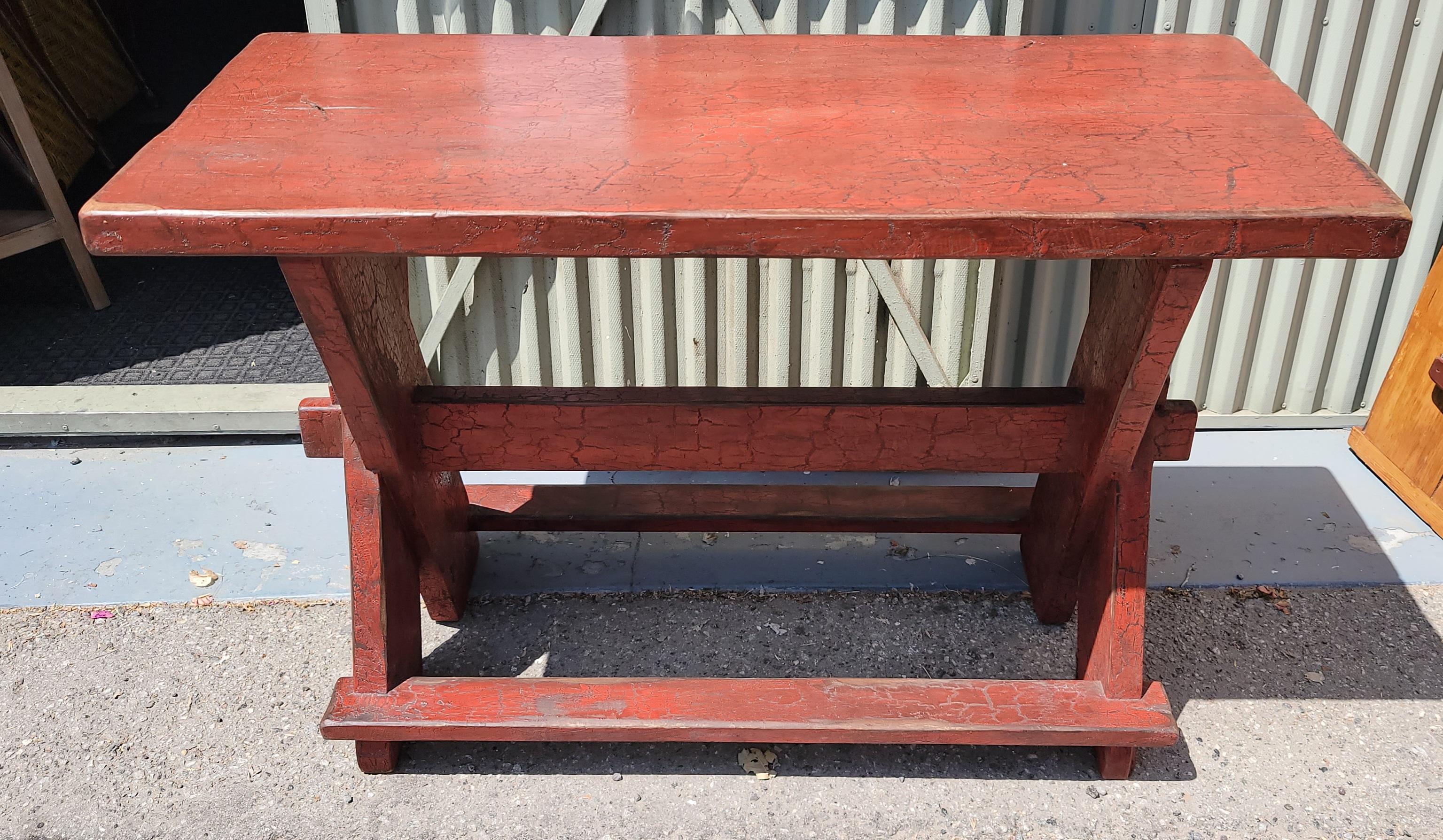 19th Century 19Thc  Red Painted Sawbuck Side Table / Sofa Table For Sale