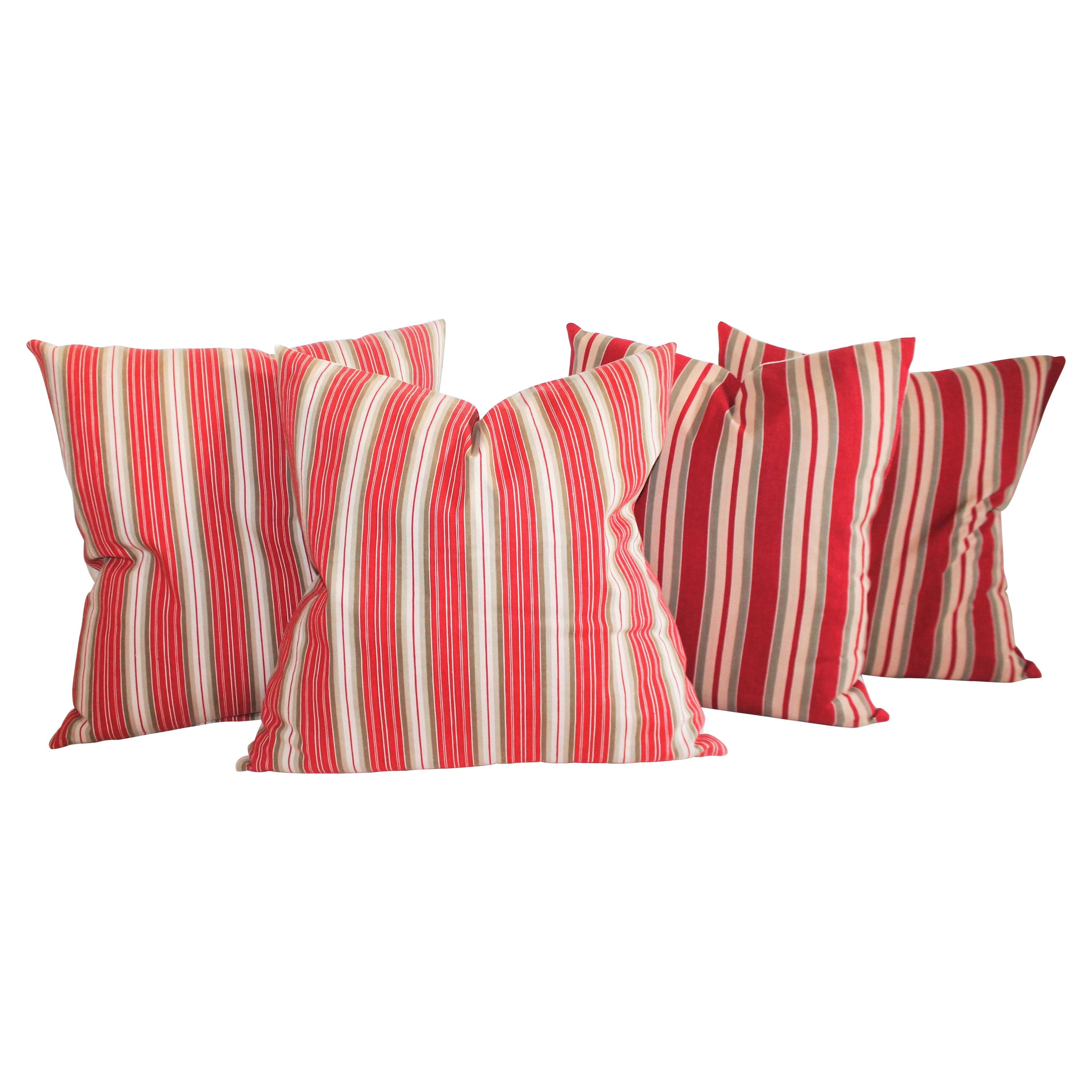19th Century Red and Tan Striped Ticking Pillows / 2 Pairs