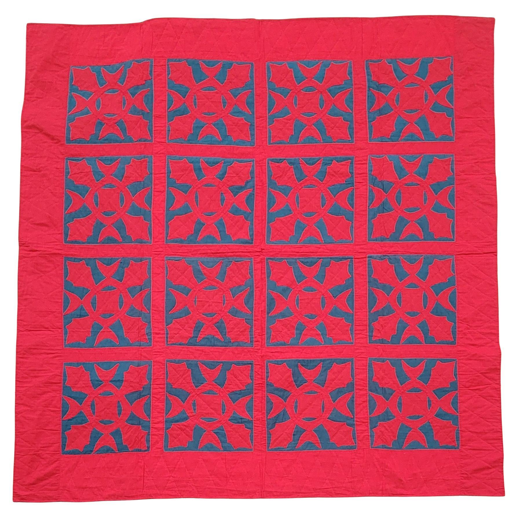 19Thc Red & Teal Applique Quilt