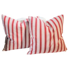 19thc  Red Ticking Pillows-Pair