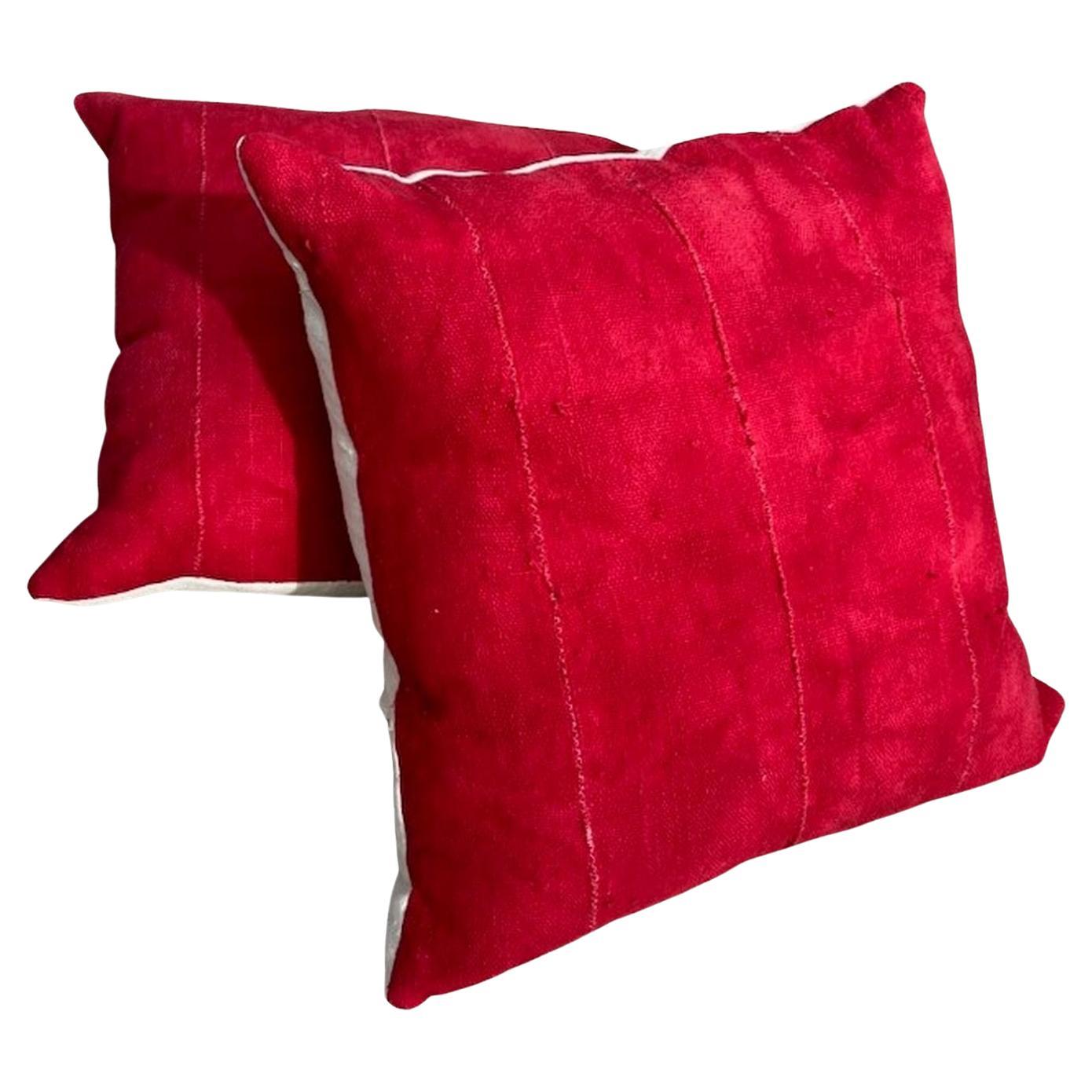 19Thc Red Vintage Linen Pillows -Pair